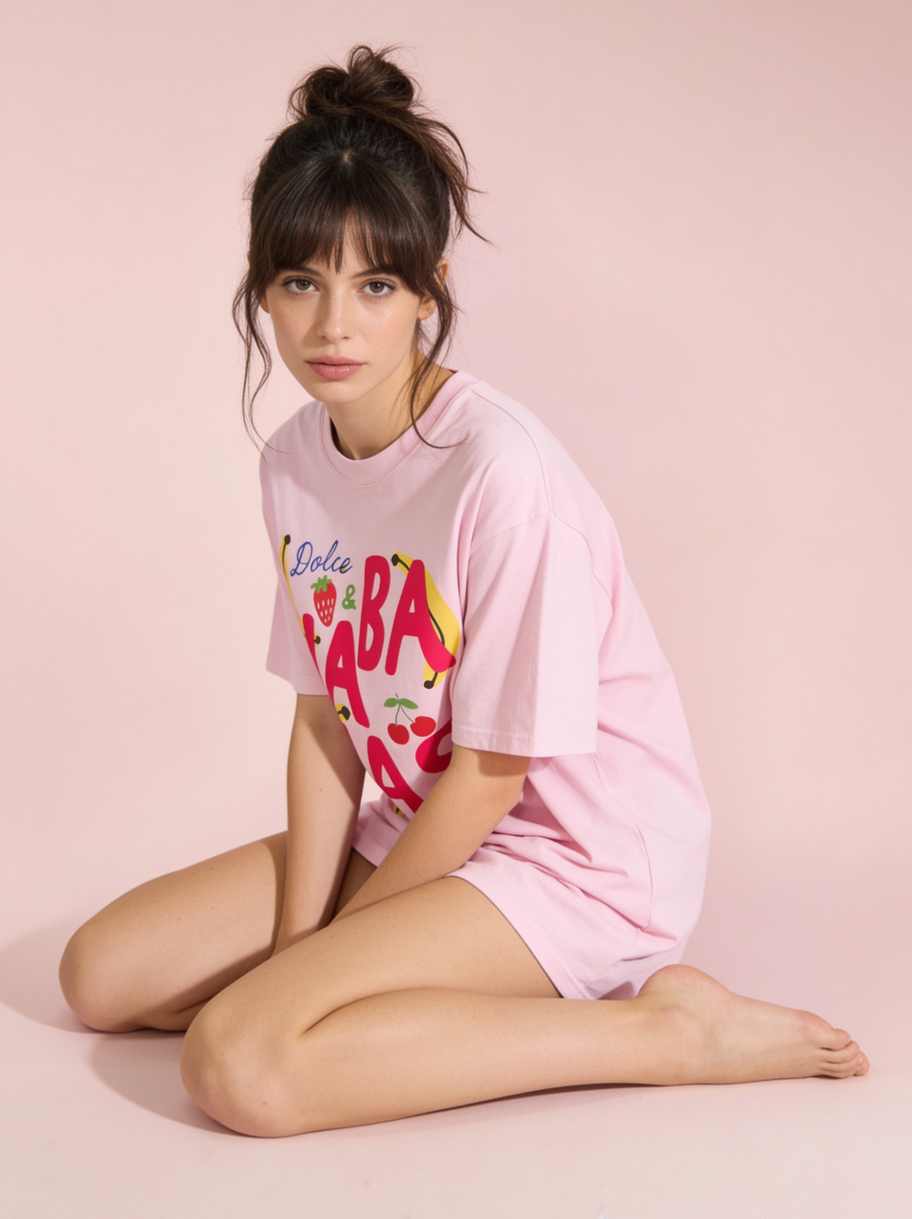 Woman on a beach wearing summer T-shirt, Les Fraises, Strawberry Shirt by First Row LA