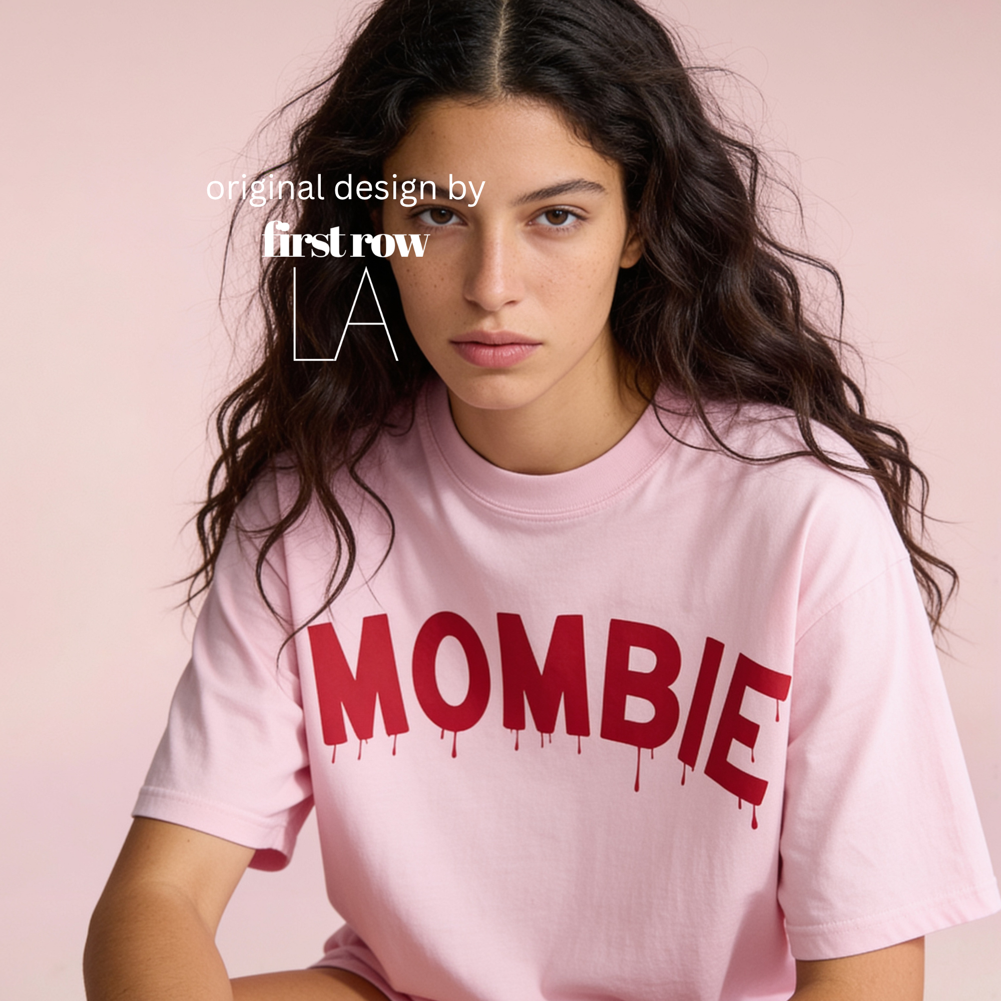Woman wearing Mombie T-shirt. Fun zombie halloween shirt.

Original design and copyright by first row LA.