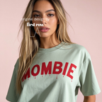 Woman wearing Mombie T-shirt. Fun zombie halloween shirt.

Original design and copyright by first row LA.