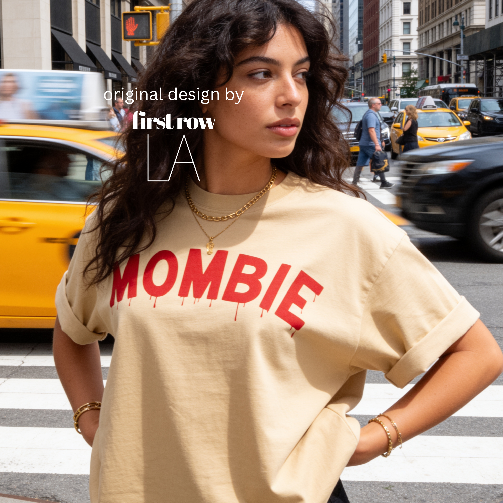 Woman wearing Mombie T-shirt. Fun zombie halloween shirt.

Original design and copyright by first row LA.