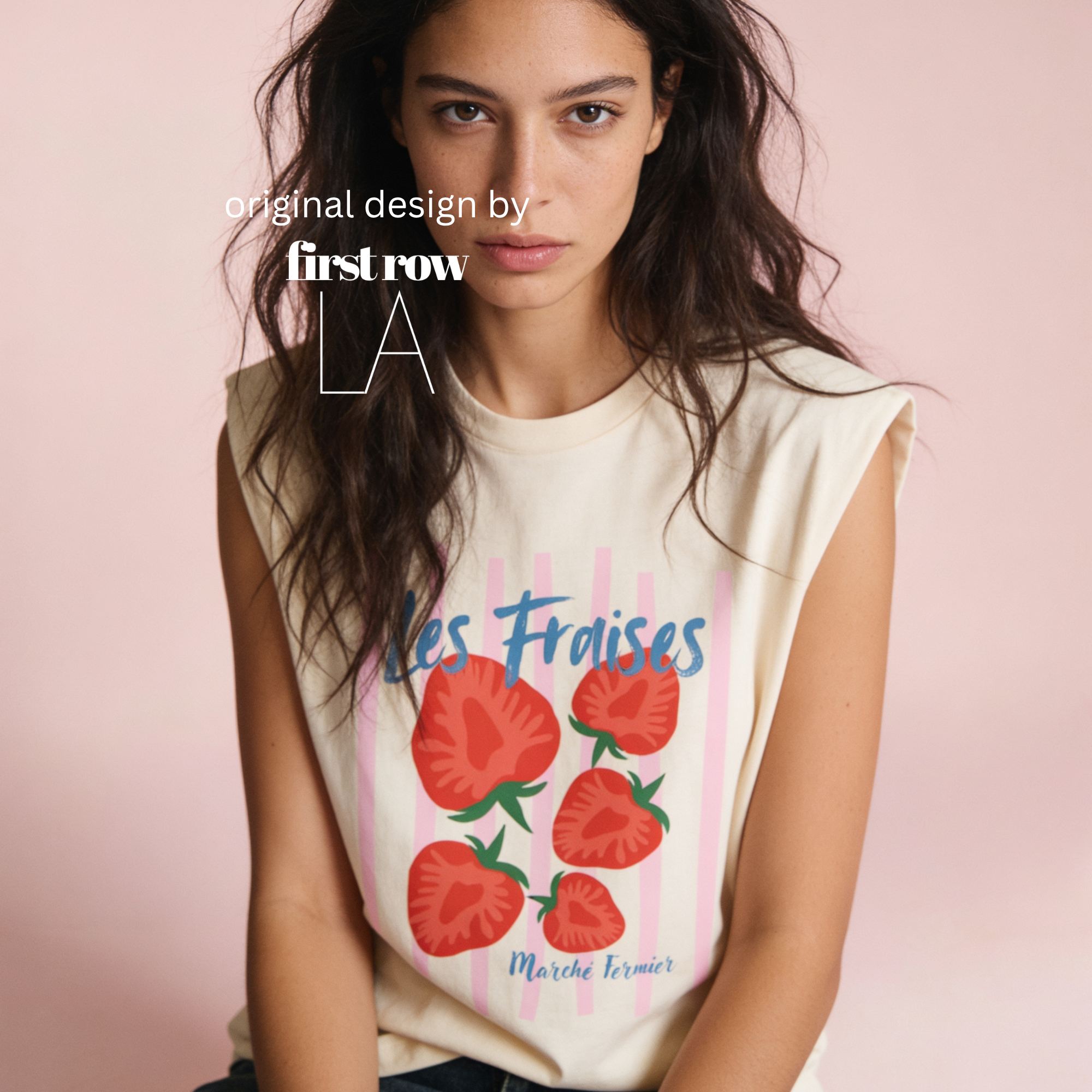A woman wearing a sleeveless t-shirt with a pink striped pattern and red strawberries printed on the front.

Original design and copyright by first row LA.