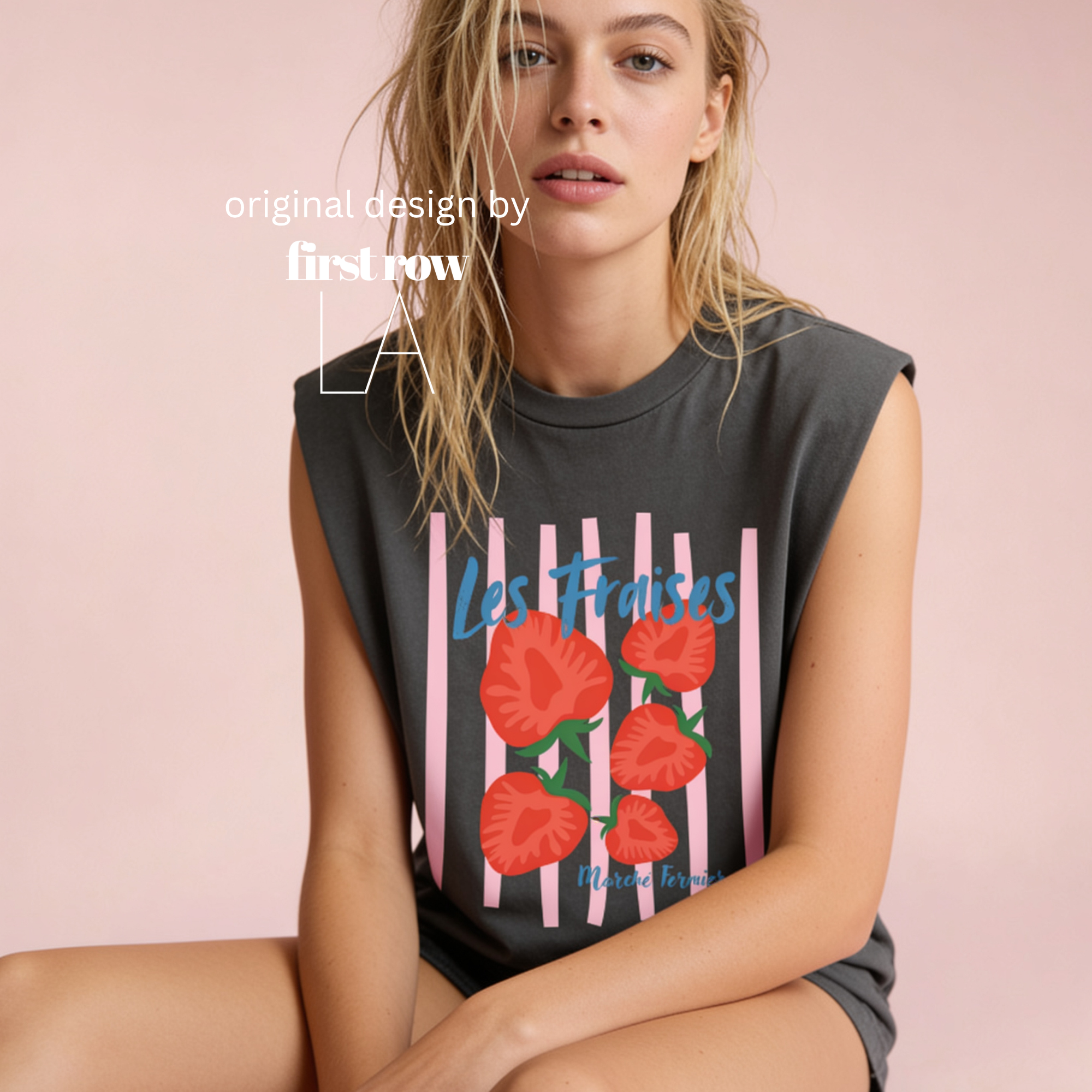 A woman wearing a sleeveless t-shirt with a pink striped pattern and red strawberries printed on the front.

Original design and copyright by first row LA.