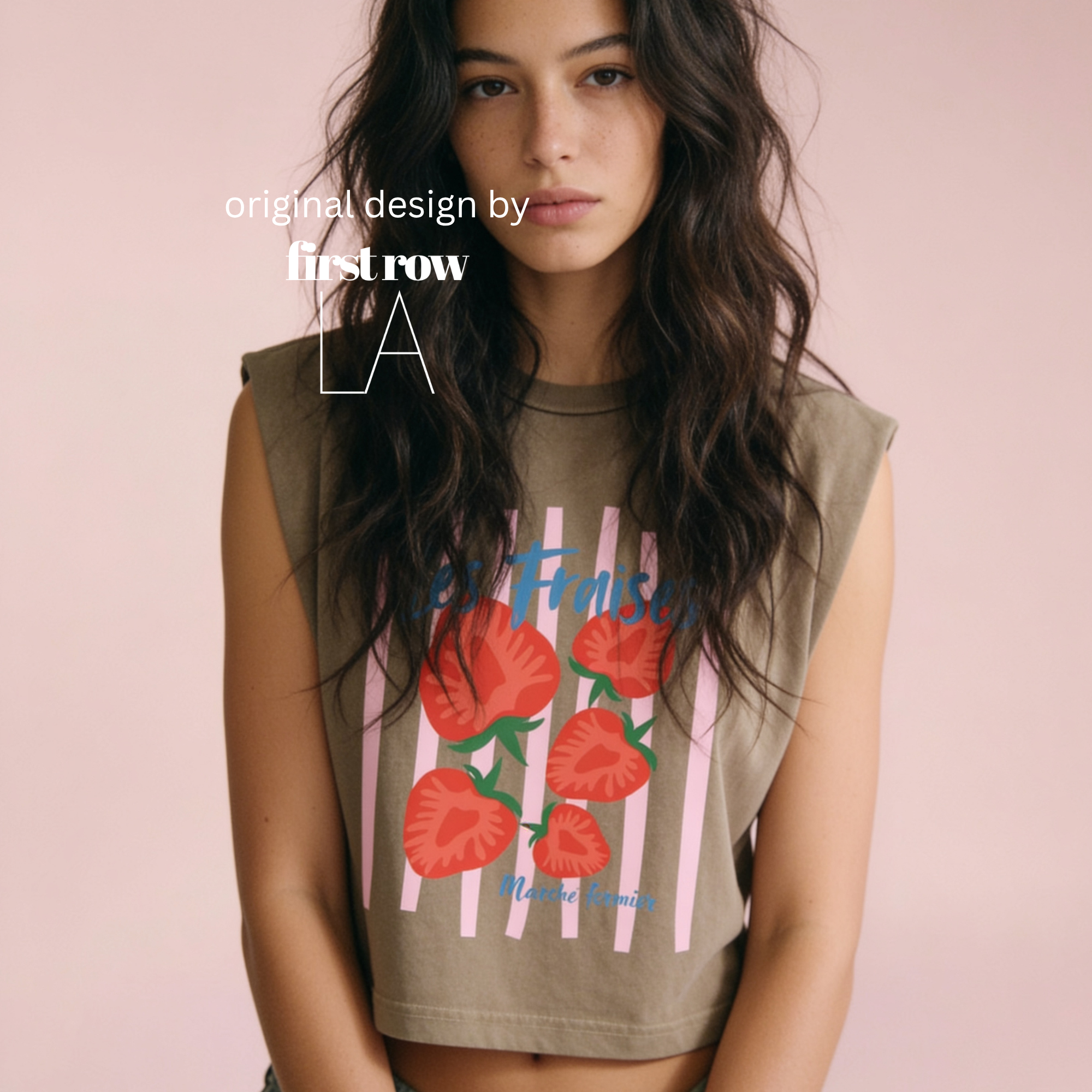 A woman wearing a sleeveless t-shirt with a pink striped pattern and red strawberries printed on the front.

Original design and copyright by first row LA.