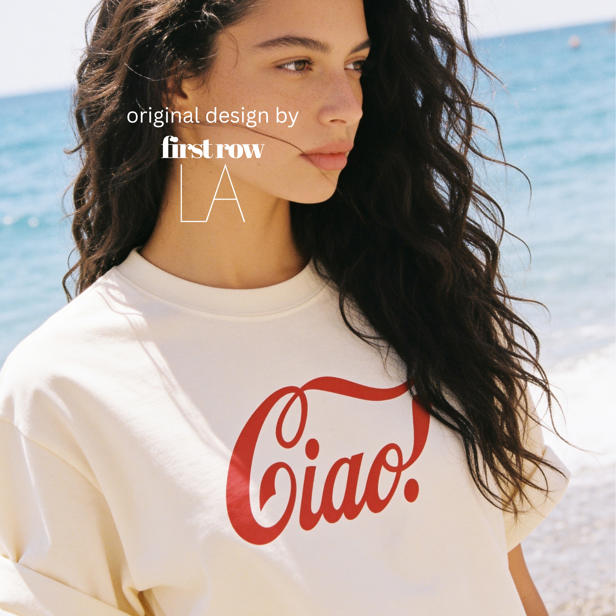 A woman wearing a 'Ciao!' unisex T-shirt.

Original design and copyright by first row LA.