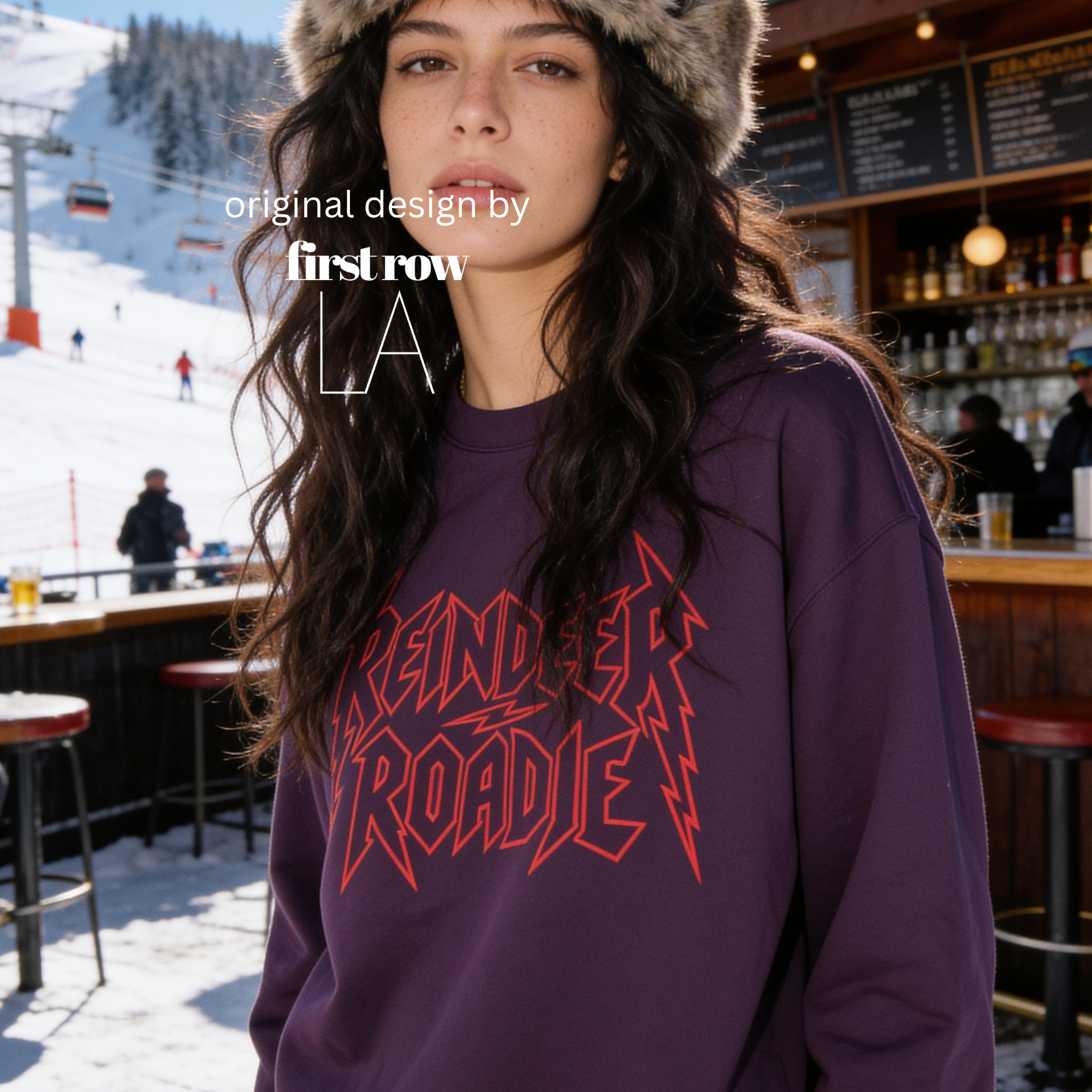 A woman wearing 'Reindeer Roadie' unisex Christmas sweatshirt.

Original design and copyright by first row LA.
