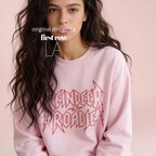 A woman wearing 'Reindeer Roadie' unisex Christmas sweatshirt.

Original design and copyright by first row LA.
