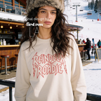 A woman wearing 'Reindeer Roadie' unisex Christmas sweatshirt.

Original design and copyright by first row LA.