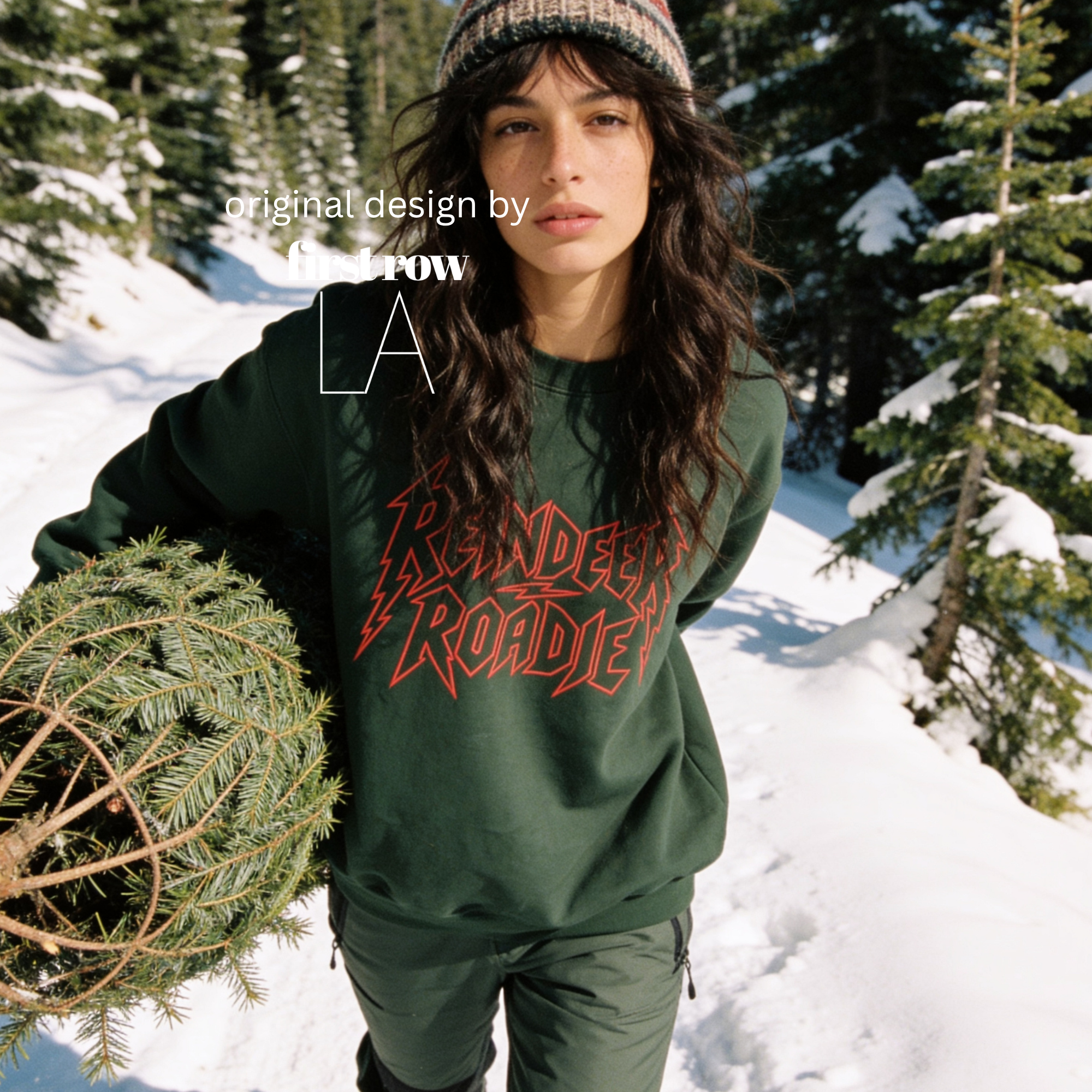 A woman wearing 'Reindeer Roadie' unisex Christmas sweatshirt.

Original design and copyright by first row LA.