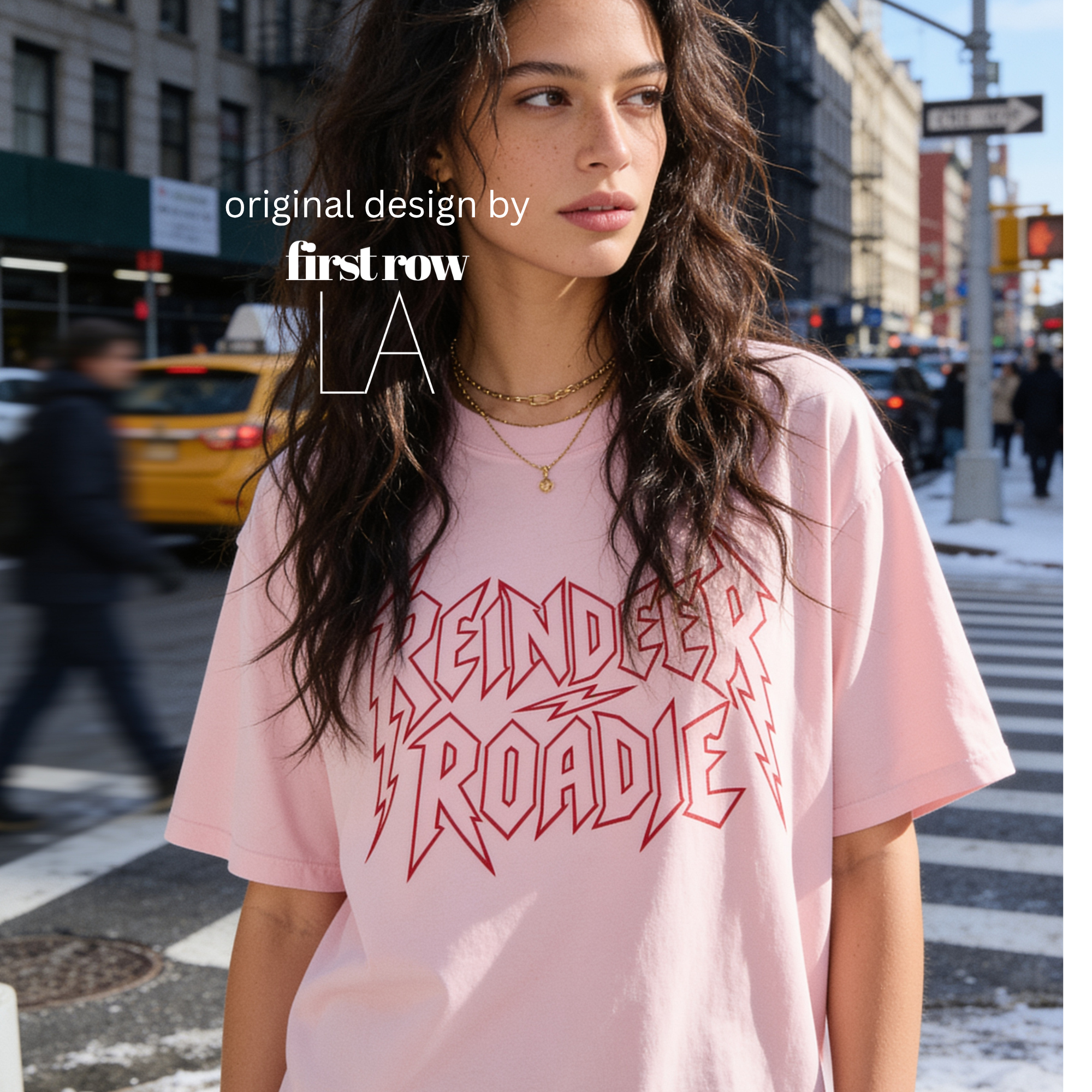 Woman wearing unisex 'REINDEER ROADIE' T-shirt. 

Original design and copyright by first row LA.