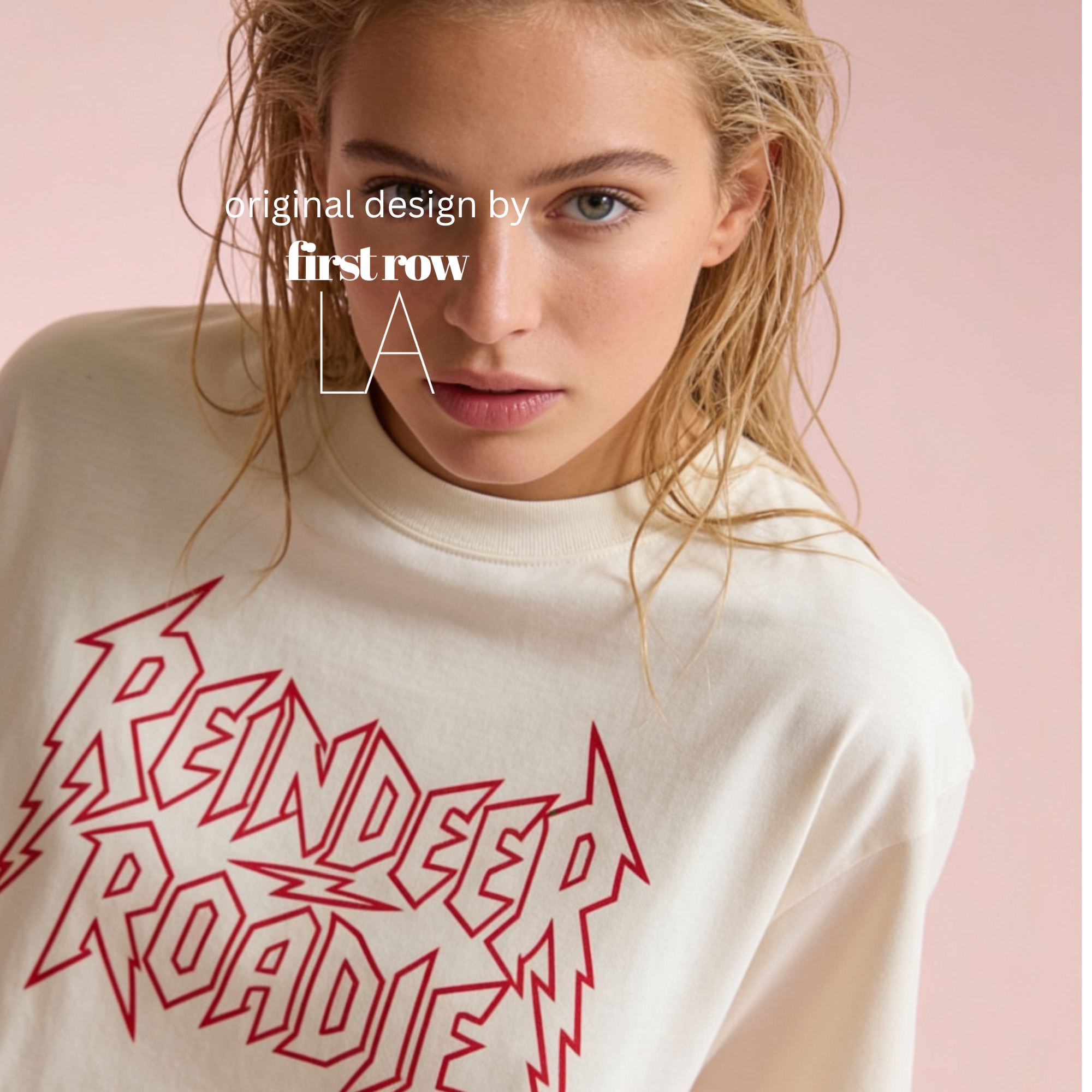 Woman wearing unisex 'REINDEER ROADIE' T-shirt. 

Original design and copyright by first row LA.