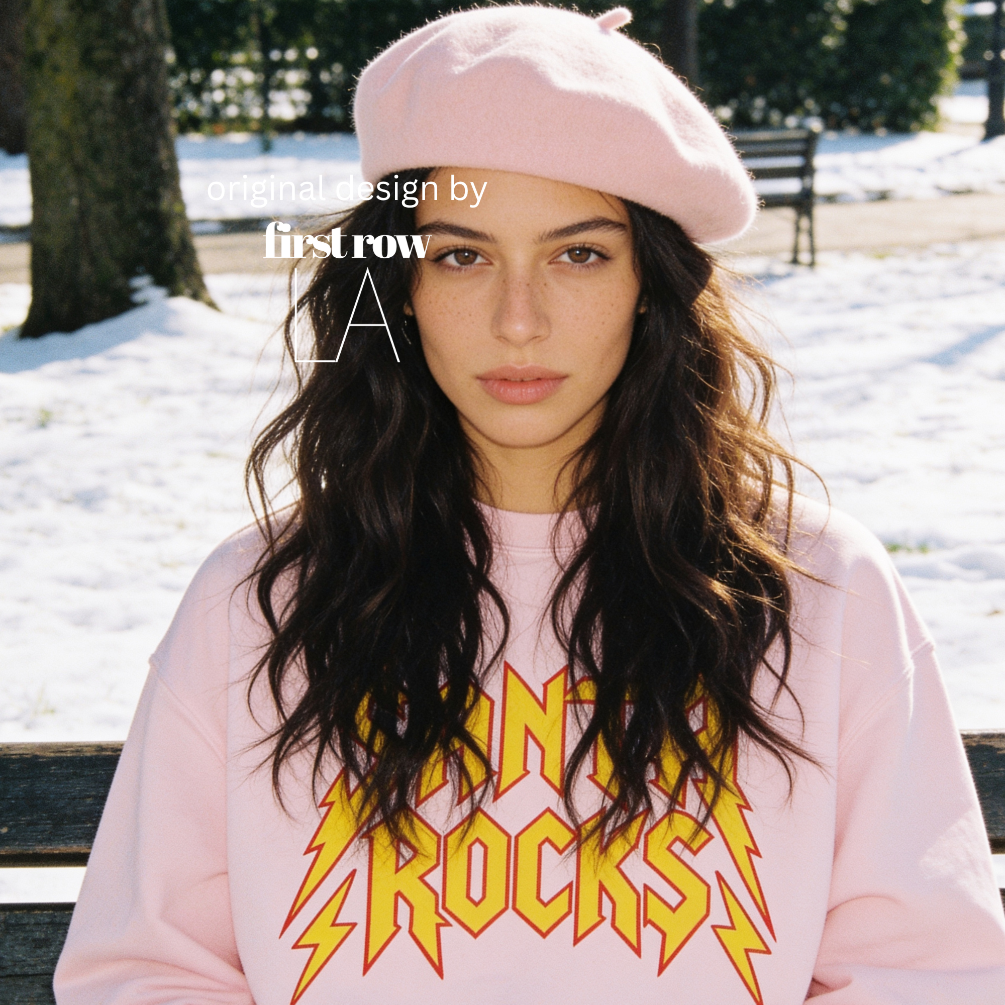 Woman wearing 'Santa Rocks' unisex sweatshirt. 

Original design and copyright by first row LA.