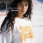 Woman wearing 'Santa Rocks' unisex sweatshirt. 

Original design and copyright by first row LA.