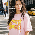 A woman wearing 'SANTA ROCKS' unisex funny Christmas T-shirt.

Original design and copyright by first row LA.