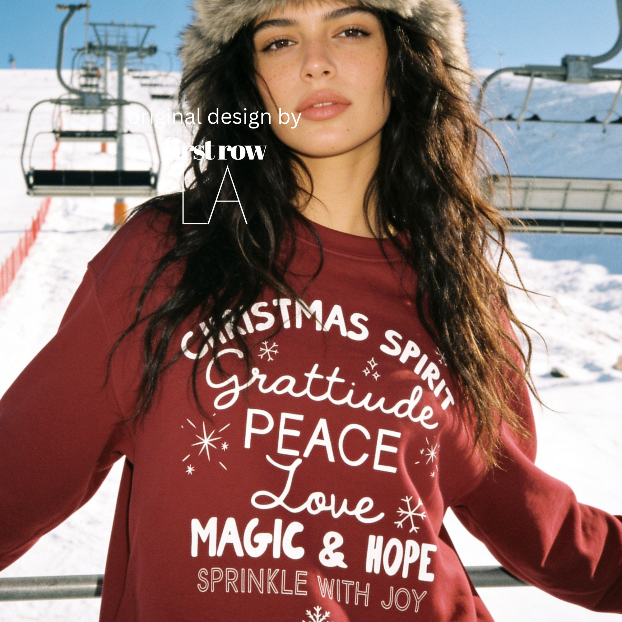 A woman wearing 'CHRISTMAS SPIRIT Gratitude PEACE Love MAGIC & HOPE Sprinkle with Joy' unisex sweatshirt.

Original design and copyright by first row LA August 10th, 2026.
