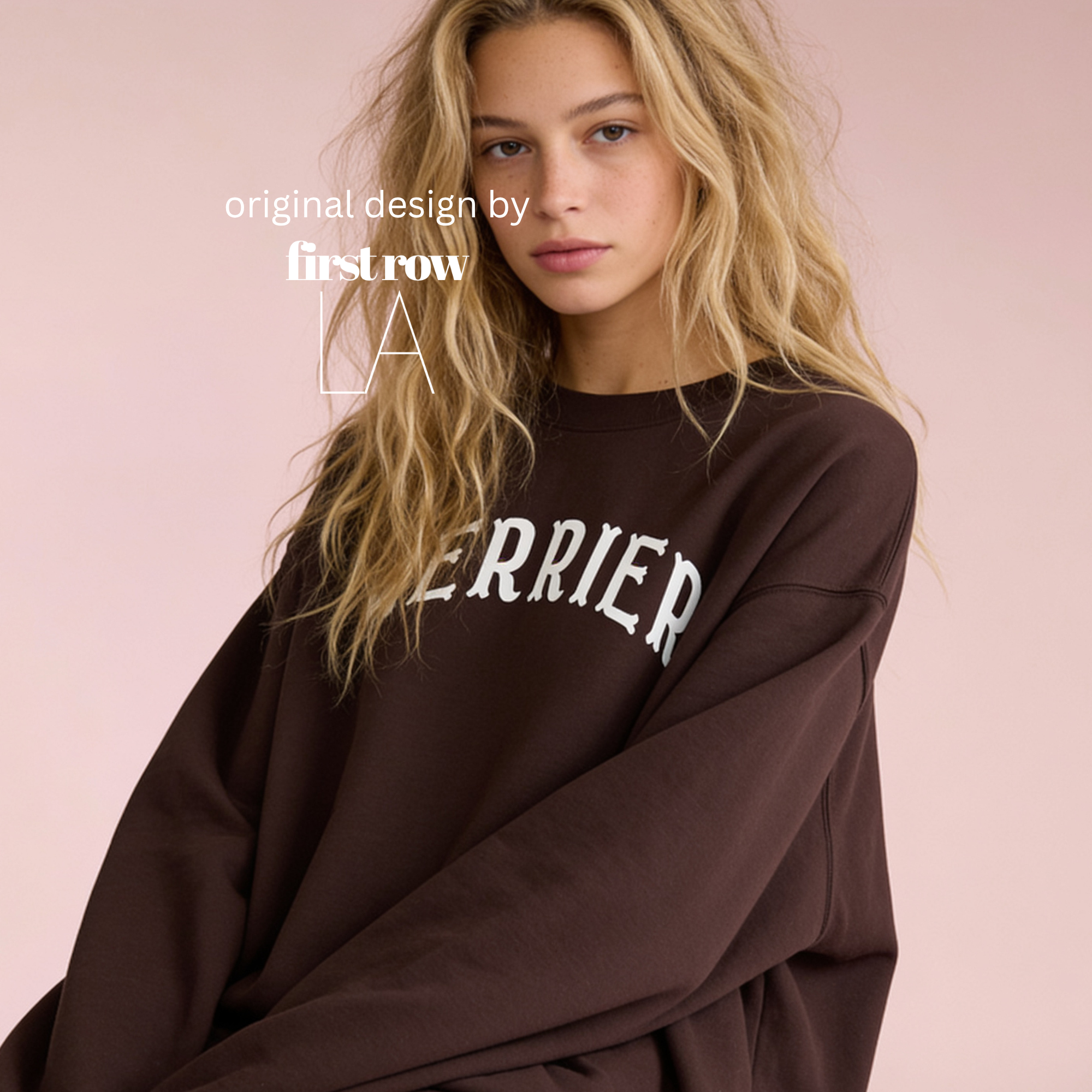 A woman wearing a bright pink crewneck sweatshirt with 'MERRIER' printed in white arched letters across the chest.

Original design and copyright by first row LA, August 11th 2026.
