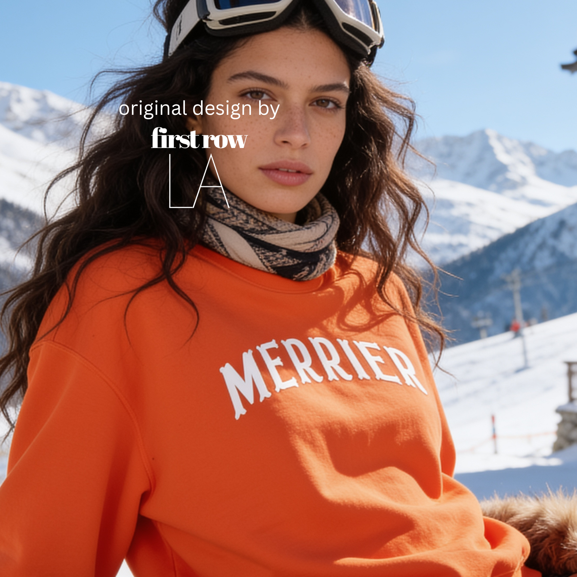 A woman wearing a bright pink crewneck sweatshirt with 'MERRIER' printed in white arched letters across the chest.

Original design and copyright by first row LA, August 11th 2026.