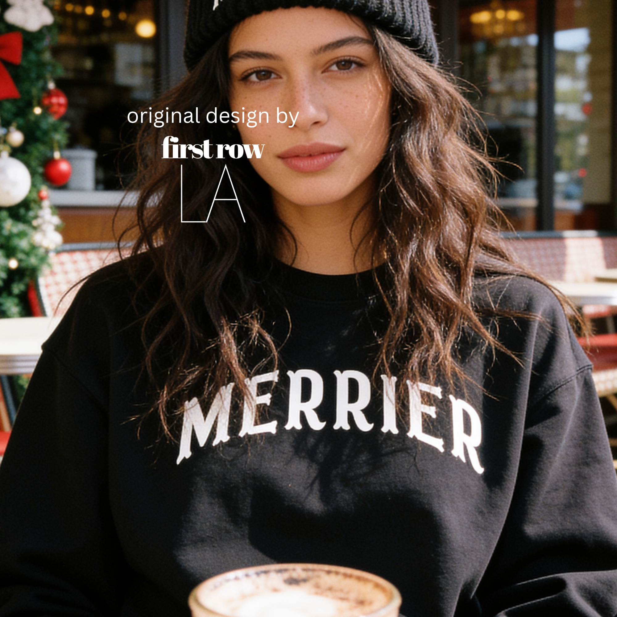 A woman wearing a bright pink crewneck sweatshirt with 'MERRIER' printed in white arched letters across the chest.

Original design and copyright by first row LA, August 11th 2026.