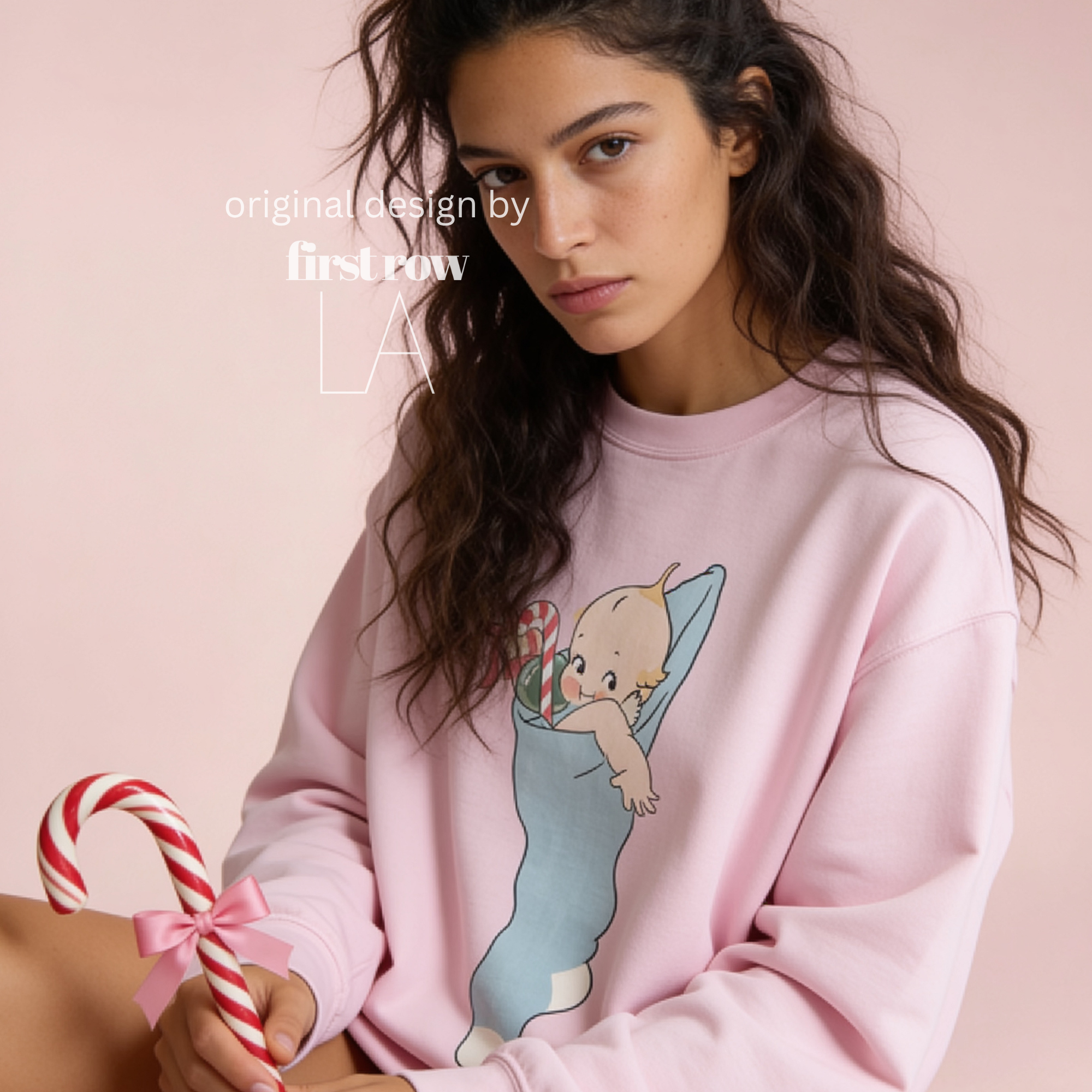 A woman wearing a Christmas sweatshirt with a Kewpie cartoon baby graphic.

Original design and copyright by first row LA, august 12th 2026.