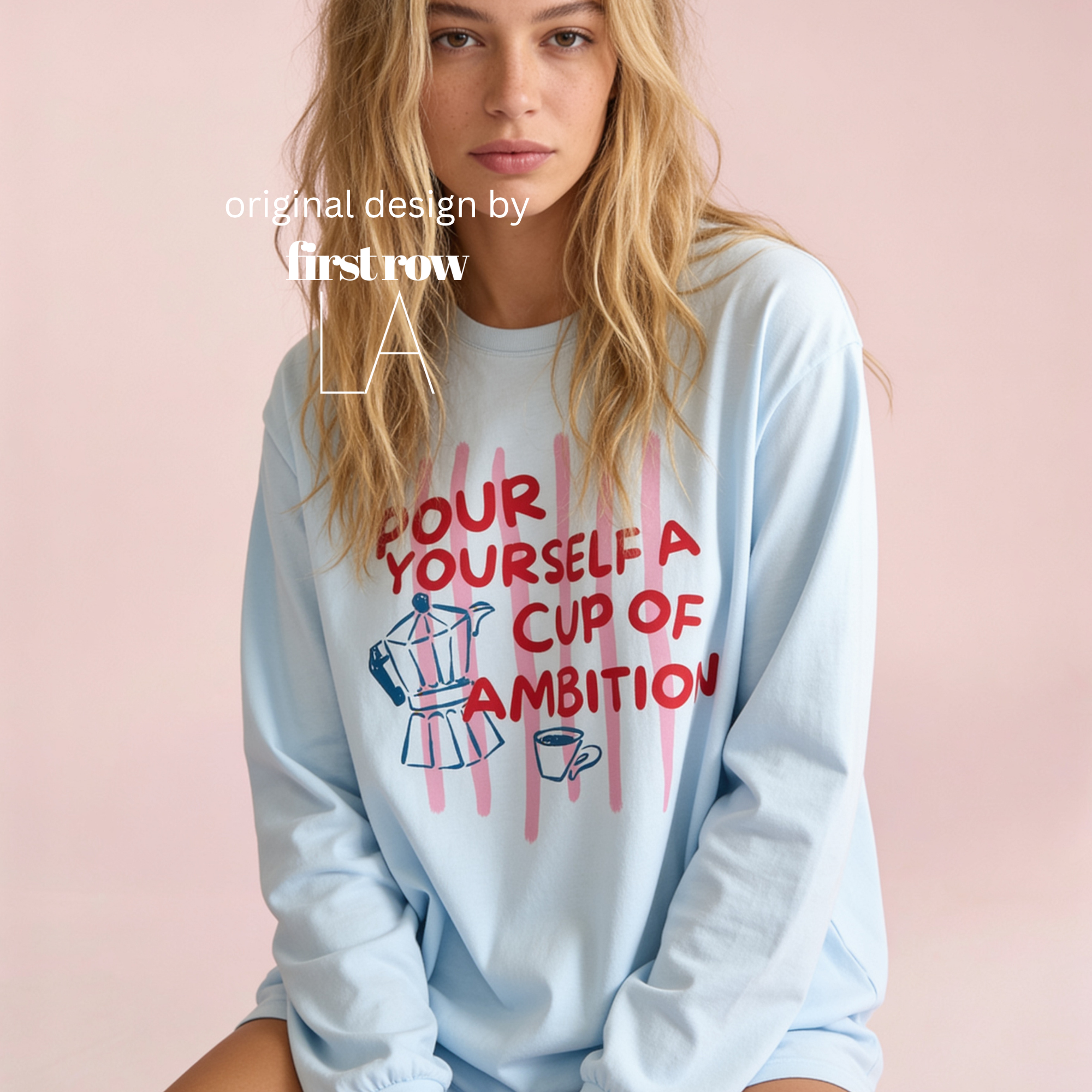 Woman wearing Dolly Parton Pour Yourself a Cup of Ambition Shirt, Retro Coffee T, 9 to 5 Country Music Tee, Moka Pot, Coffee Club, Long Sleeved T-Shirt.

Original design and copyright by first row LA 2025.
