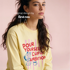 Woman wearing Dolly Parton Pour Yourself a Cup of Ambition Shirt, Retro Coffee T, 9 to 5 Country Music Tee, Moka Pot, Coffee Club, Long Sleeved T-Shirt.

Original design and copyright by first row LA 2025.