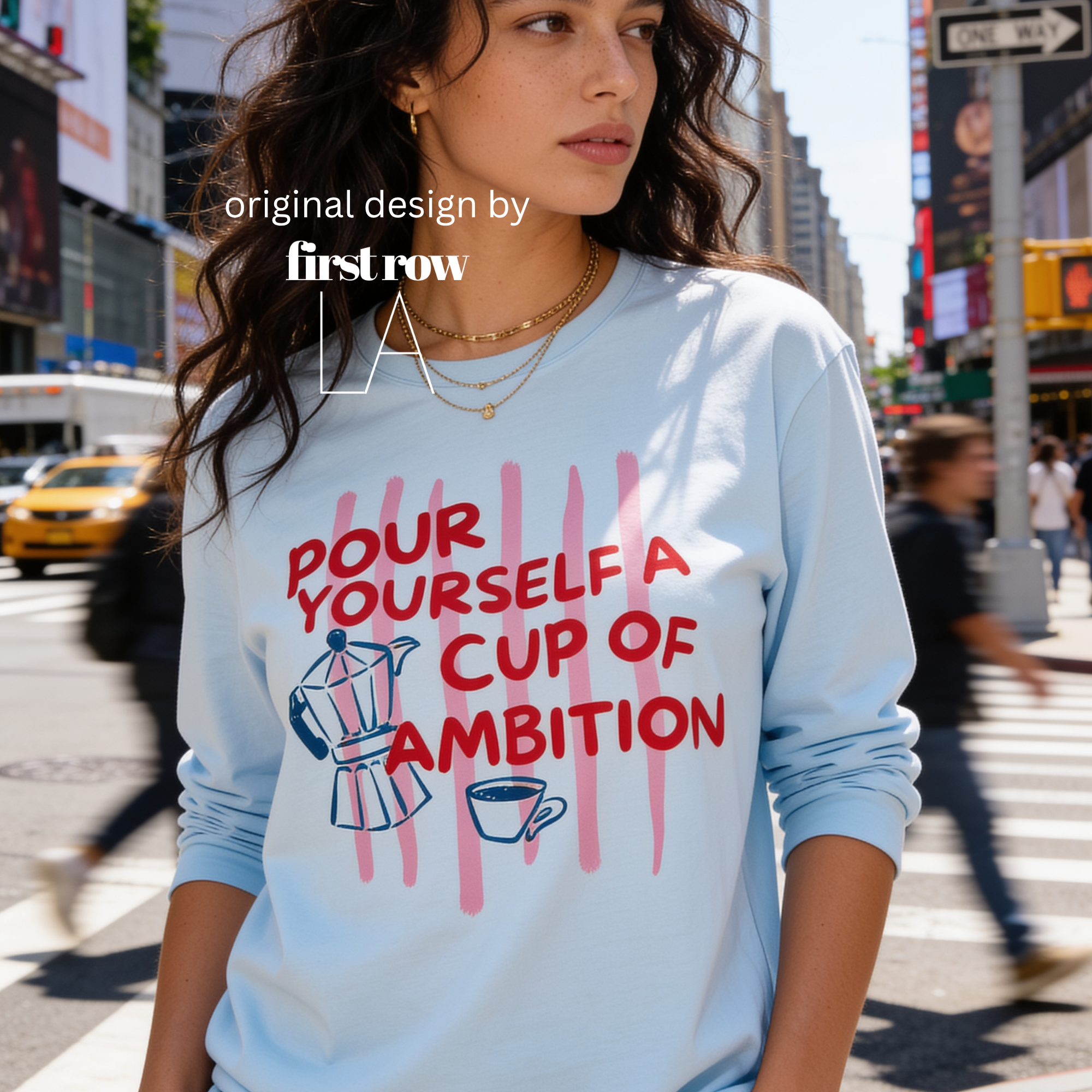 Woman wearing Dolly Parton Pour Yourself a Cup of Ambition Shirt, Retro Coffee T, 9 to 5 Country Music Tee, Moka Pot, Coffee Club, Long Sleeved T-Shirt.

Original design and copyright by first row LA 2025.