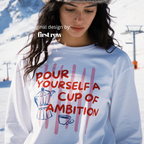 Woman wearing Dolly Parton Pour Yourself a Cup of Ambition Shirt, Retro Coffee T, 9 to 5 Country Music Tee, Moka Pot, Coffee Club, Long Sleeved T-Shirt.

Original design and copyright by first row LA 2025.