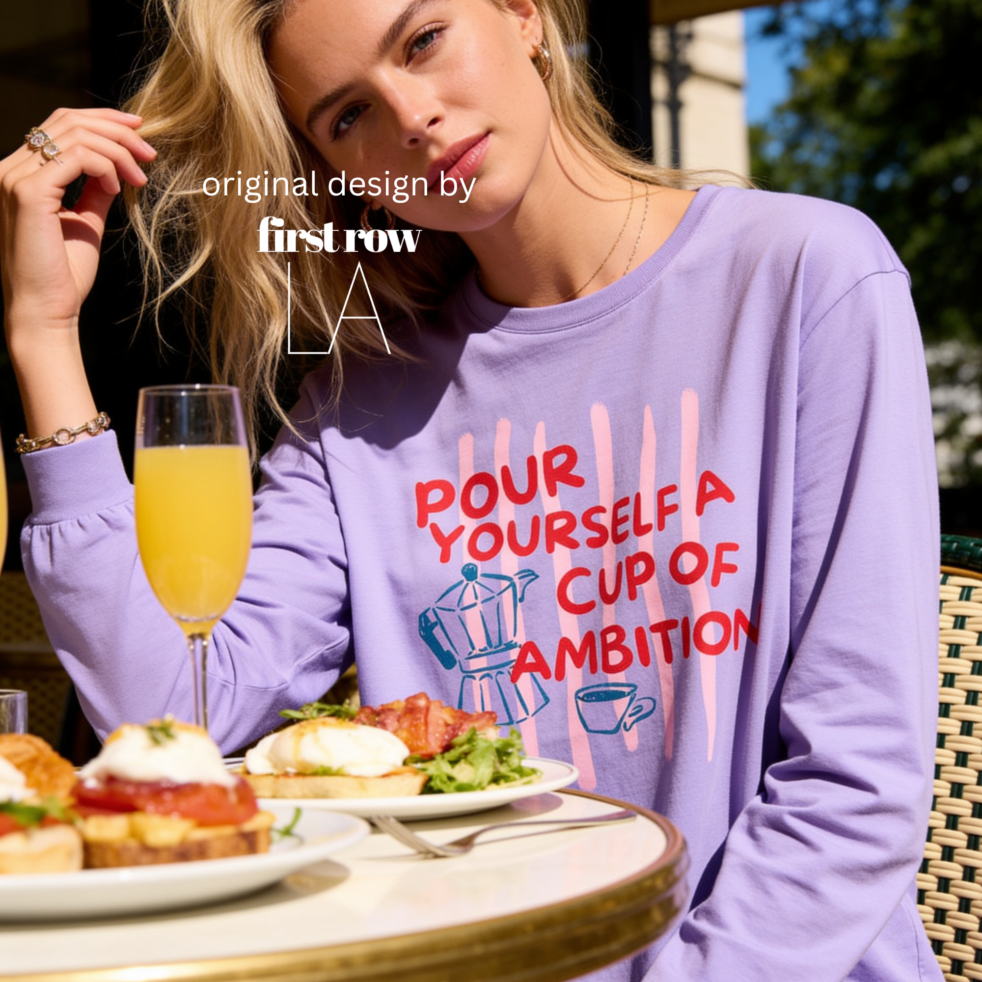 Woman wearing Dolly Parton Pour Yourself a Cup of Ambition Shirt, Retro Coffee T, 9 to 5 Country Music Tee, Moka Pot, Coffee Club, Long Sleeved T-Shirt.

Original design and copyright by first row LA 2025.