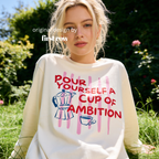 Woman wearing Dolly Parton Pour Yourself a Cup of Ambition Shirt, Retro Coffee T, 9 to 5 Country Music Tee, Moka Pot, Coffee Club, Long Sleeved T-Shirt.

Original design and copyright by first row LA 2025.