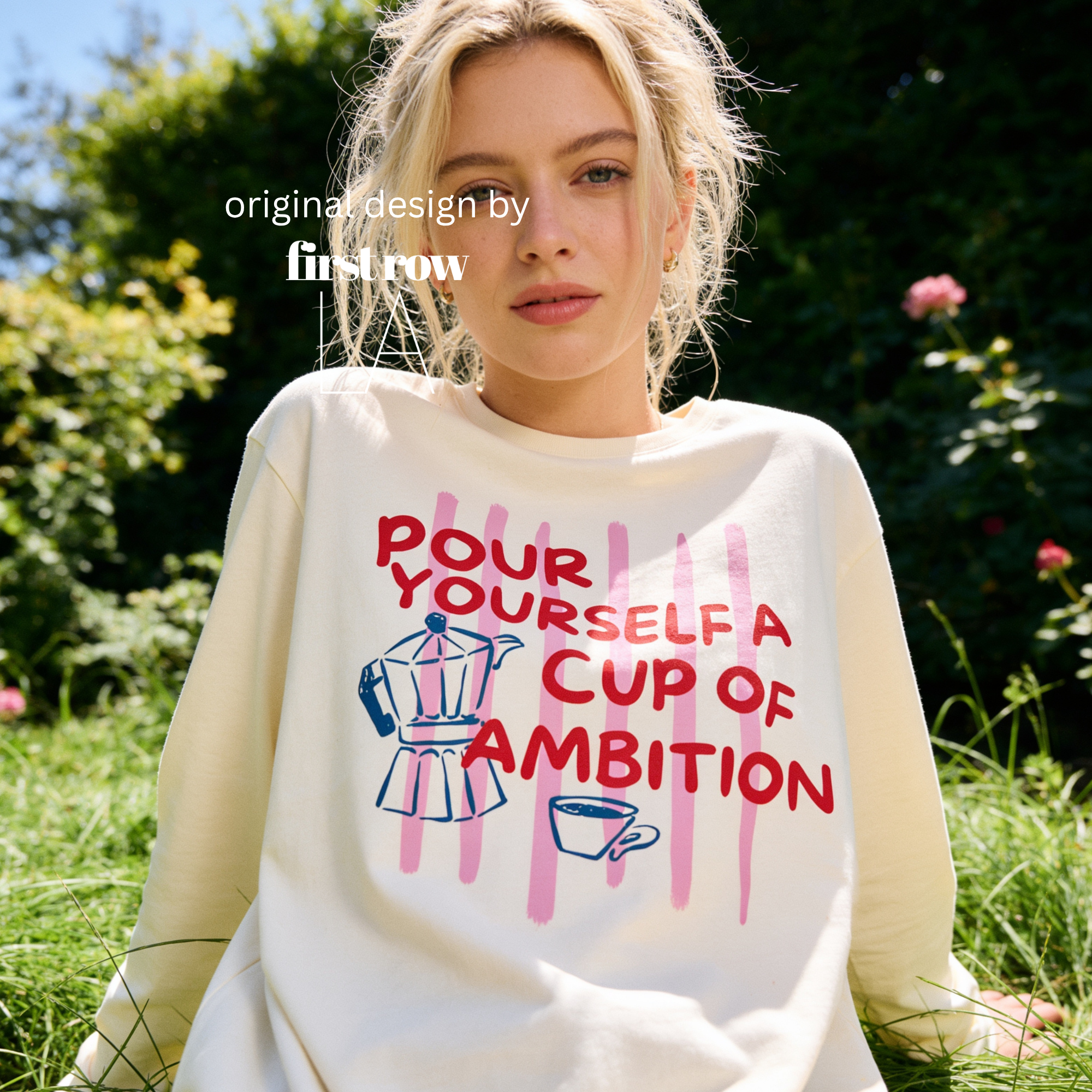 Woman wearing Dolly Parton Pour Yourself a Cup of Ambition Shirt, Retro Coffee T, 9 to 5 Country Music Tee, Moka Pot, Coffee Club, Long Sleeved T-Shirt.

Original design and copyright by first row LA 2025.
