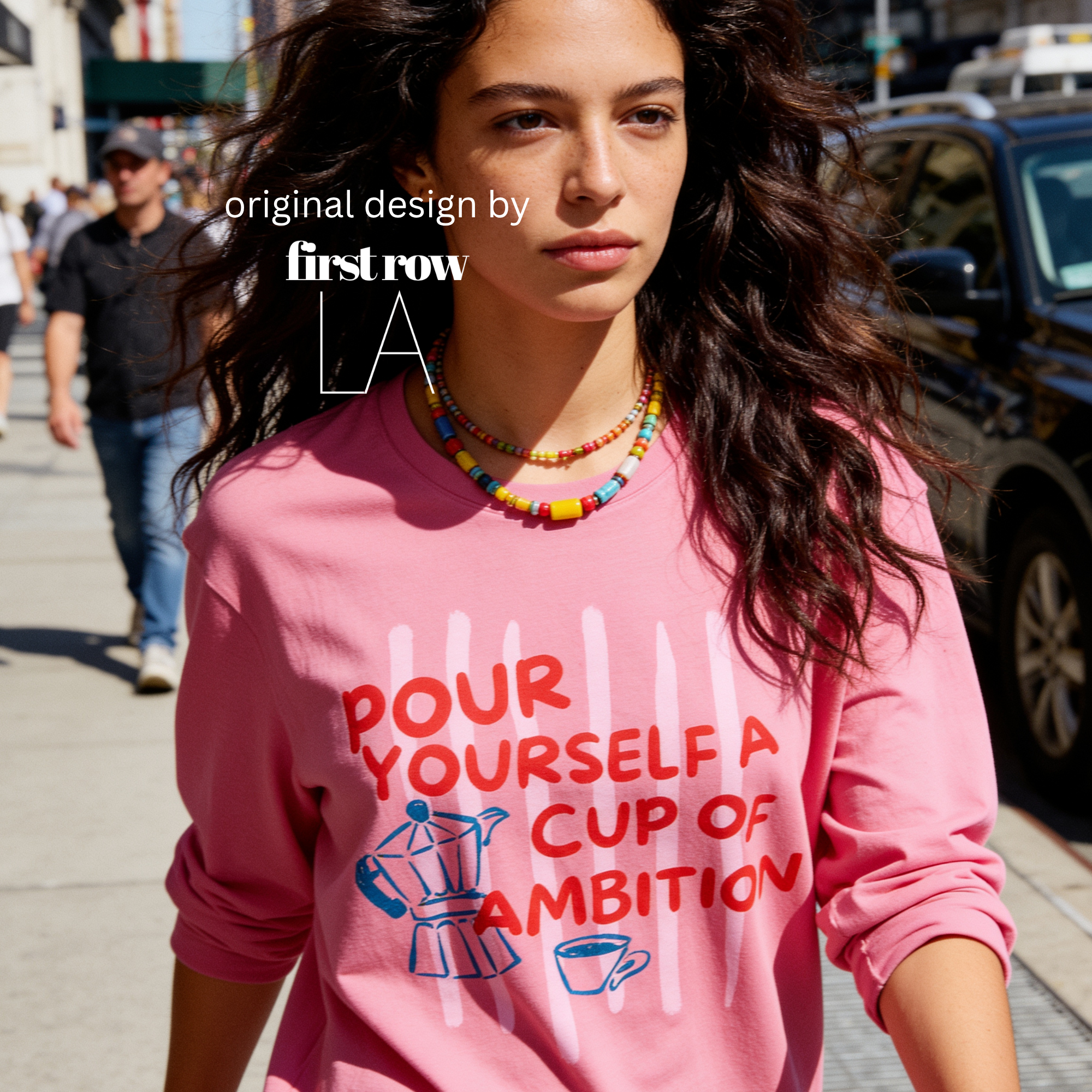Woman wearing Dolly Parton Pour Yourself a Cup of Ambition Shirt, Retro Coffee T, 9 to 5 Country Music Tee, Moka Pot, Coffee Club, Long Sleeved T-Shirt.

Original design and copyright by first row LA 2025.
