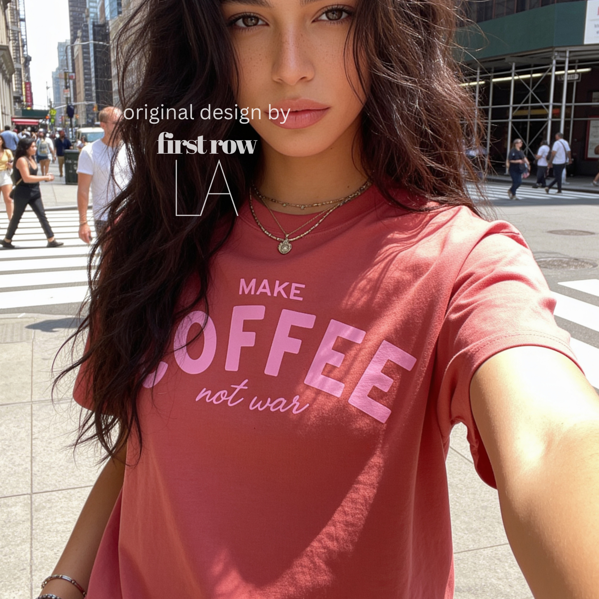 Woman wearing Make Coffee Not War T-Shirt, Pink Lettering Coffee Tee, Peace Shirt, Coffee Lover Graphic Tee, Anti War Statement Shirt.

Original design and copyright by first row LA 2026.