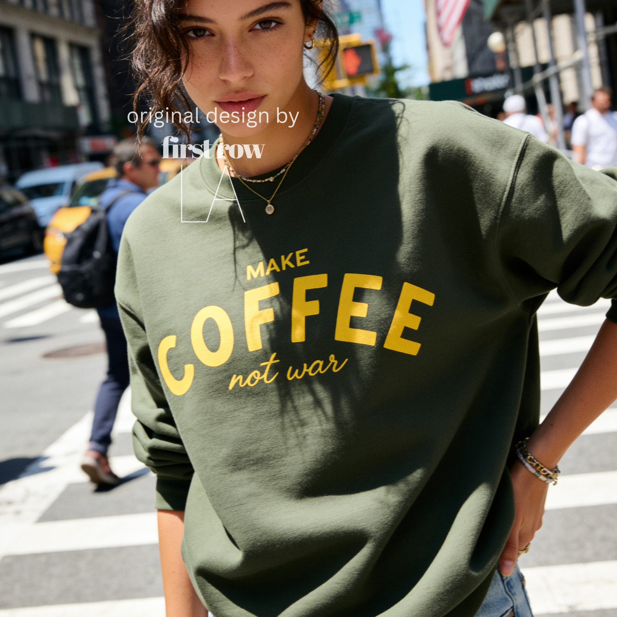 Woman wearing Make Coffee Not War Shirt, Peace Shirt, Coffee Lover Sweatshirt, Anti War Statement Shirt, Barista Shirt, Anti War Shirt.

Original design and copyright by first row LA 2026.