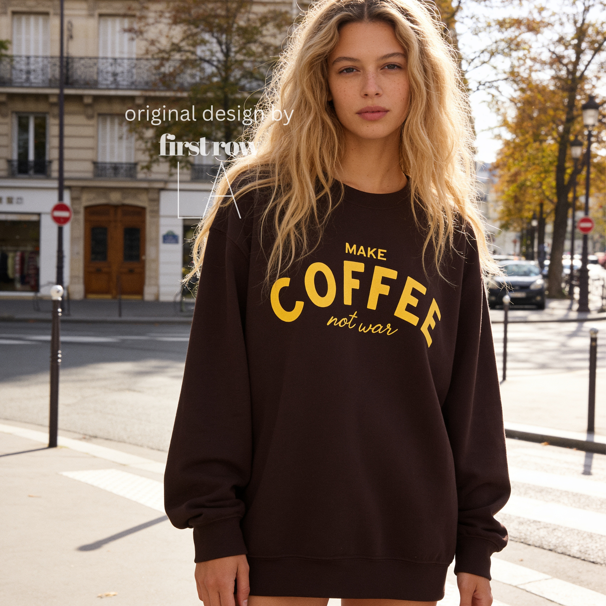 Woman wearing Make Coffee Not War Shirt, Peace Shirt, Coffee Lover Sweatshirt, Anti War Statement Shirt, Barista Shirt, Anti War Shirt.

Original design and copyright by first row LA 2026.