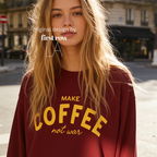 Woman wearing Make Coffee Not War Shirt, Peace Shirt, Coffee Lover Sweatshirt, Anti War Statement Shirt, Barista Shirt, Anti War Shirt.

Original design and copyright by first row LA 2026.