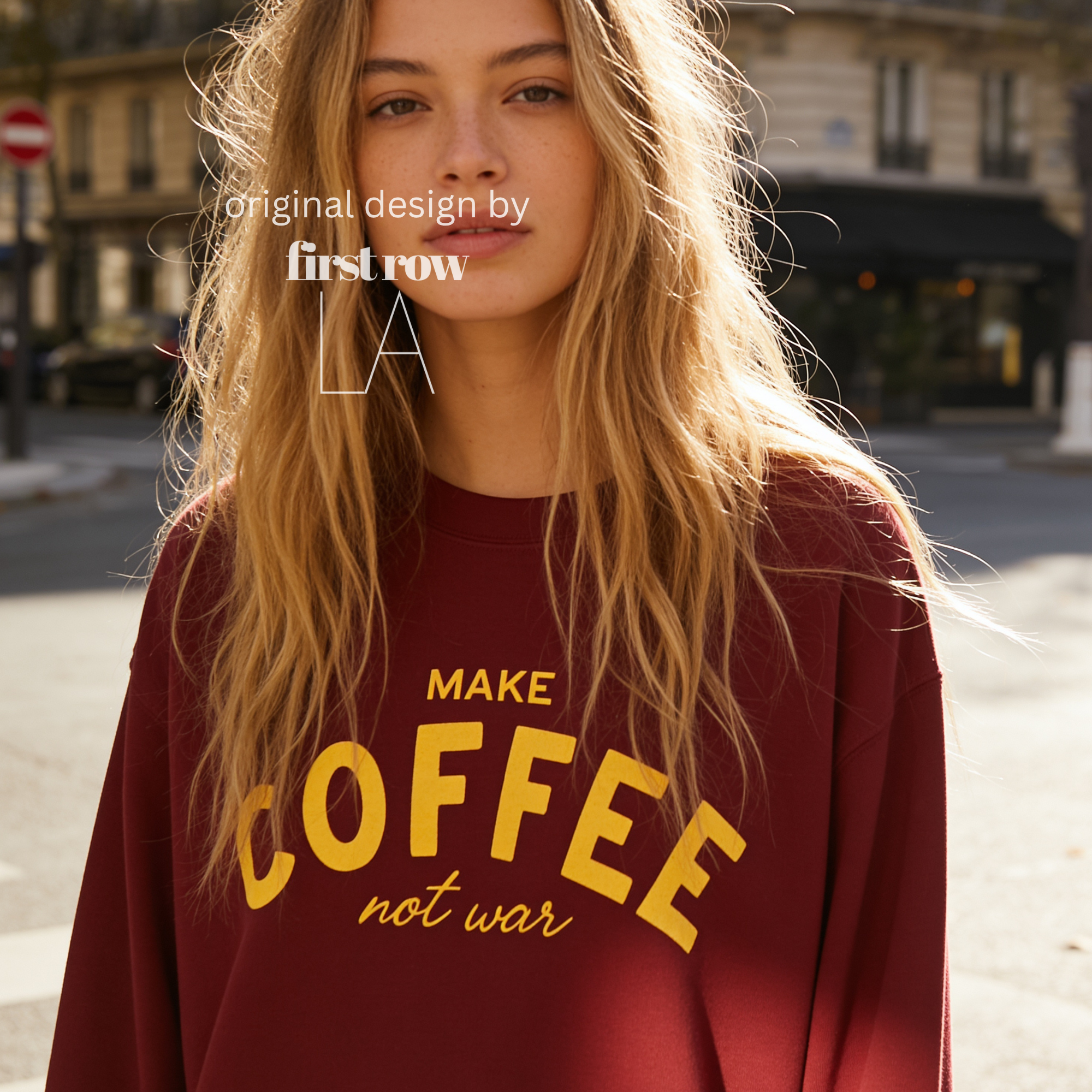 Woman wearing Make Coffee Not War Shirt, Peace Shirt, Coffee Lover Sweatshirt, Anti War Statement Shirt, Barista Shirt, Anti War Shirt.

Original design and copyright by first row LA 2026.