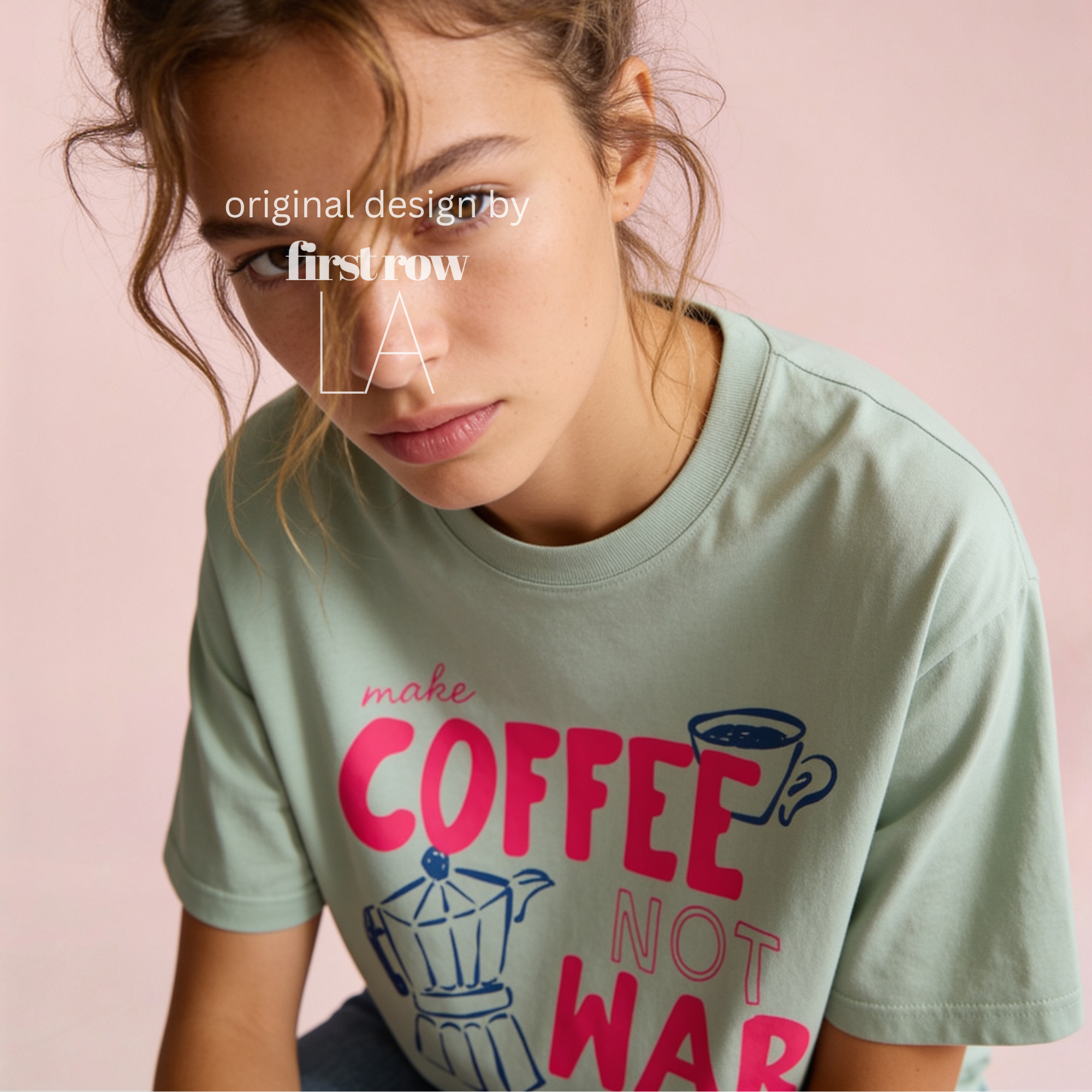 Woman wearing Make Coffee Not War TShirt, Peace Coffee Tee, Moka Pot Graphic Tee, Coffee Lover Shirt, Anti War Tee, Espresso T, Barista, Cute Coffee Shirt.

Original design and copyright by first row LA 2026.