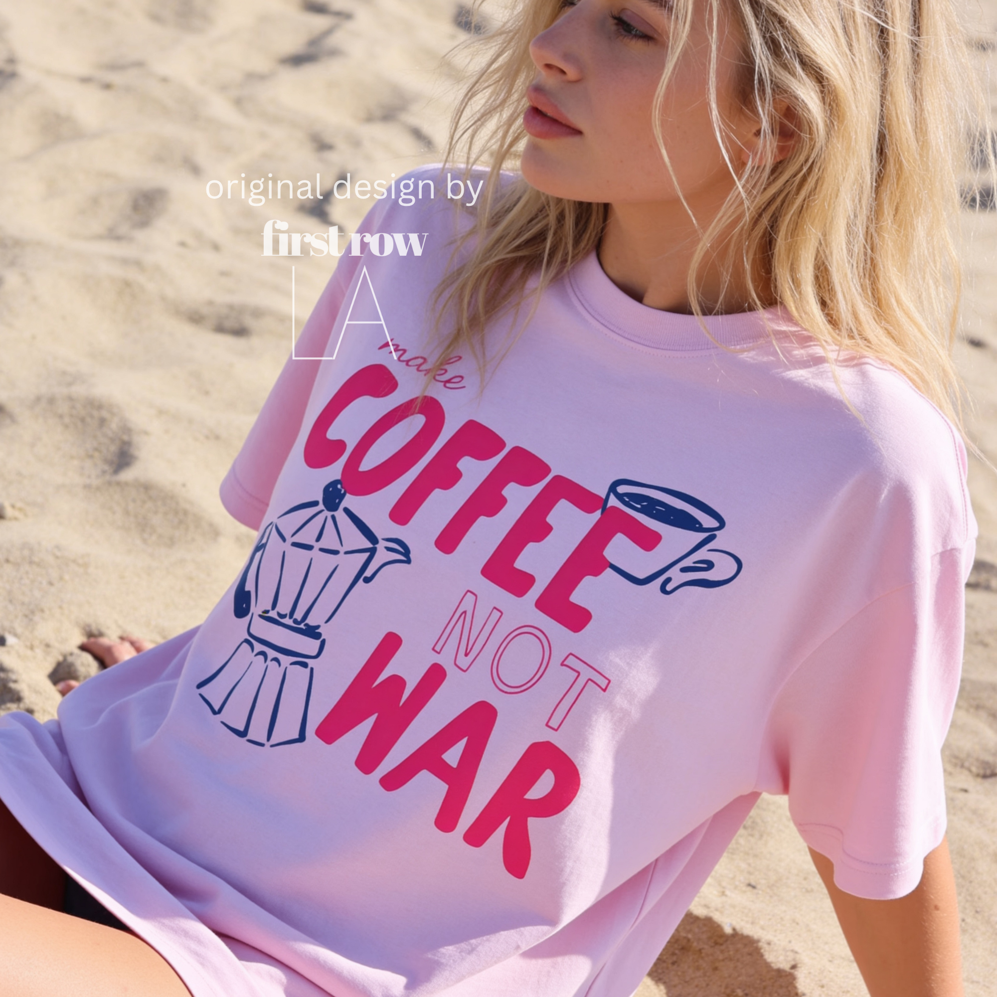 Woman wearing Make Coffee Not War TShirt, Peace Coffee Tee, Moka Pot Graphic Tee, Coffee Lover Shirt, Anti War Tee, Espresso T, Barista, Cute Coffee Shirt.

Original design and copyright by first row LA 2026.