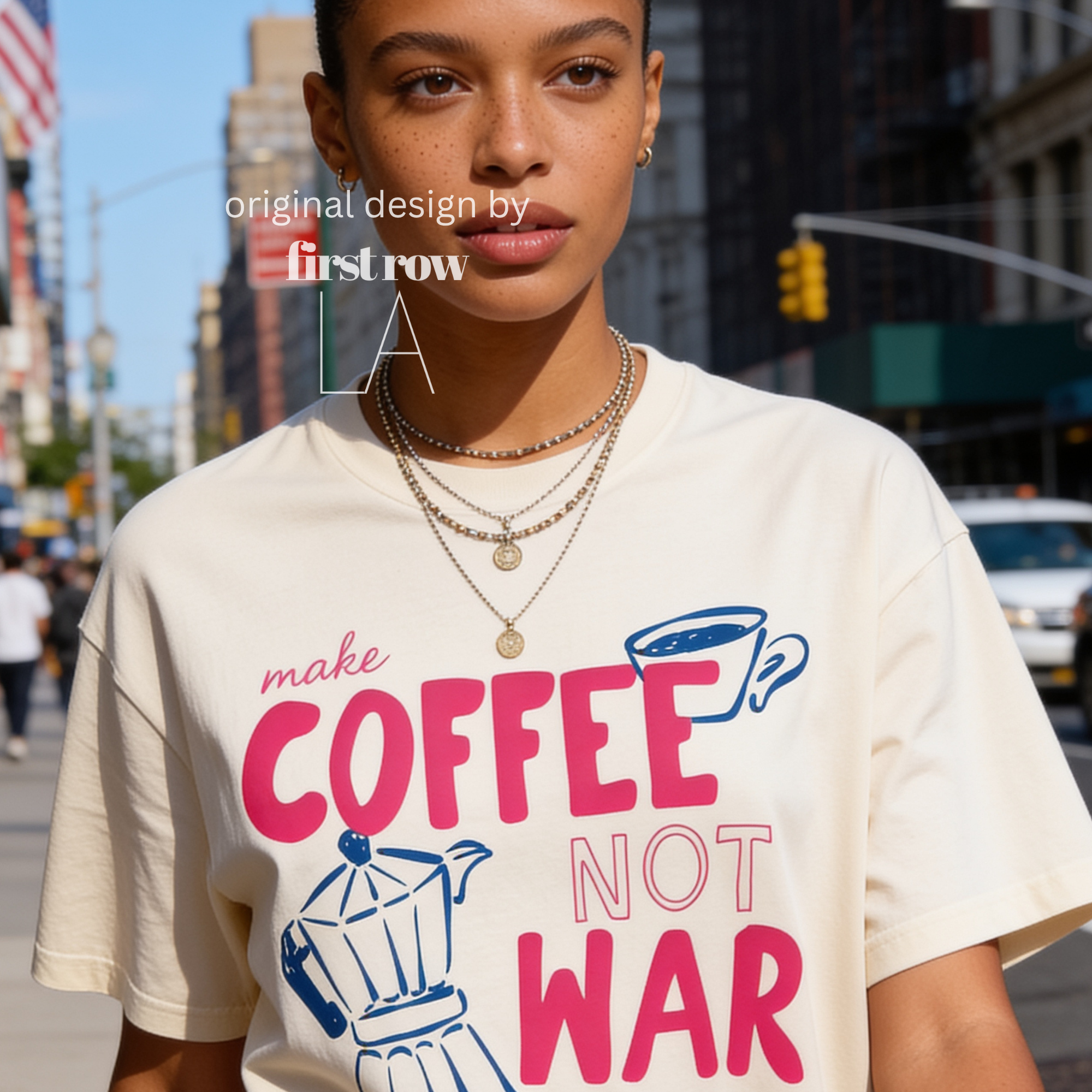 Woman wearing Make Coffee Not War TShirt, Peace Coffee Tee, Moka Pot Graphic Tee, Coffee Lover Shirt, Anti War Tee, Espresso T, Barista, Cute Coffee Shirt.

Original design and copyright by first row LA 2026.