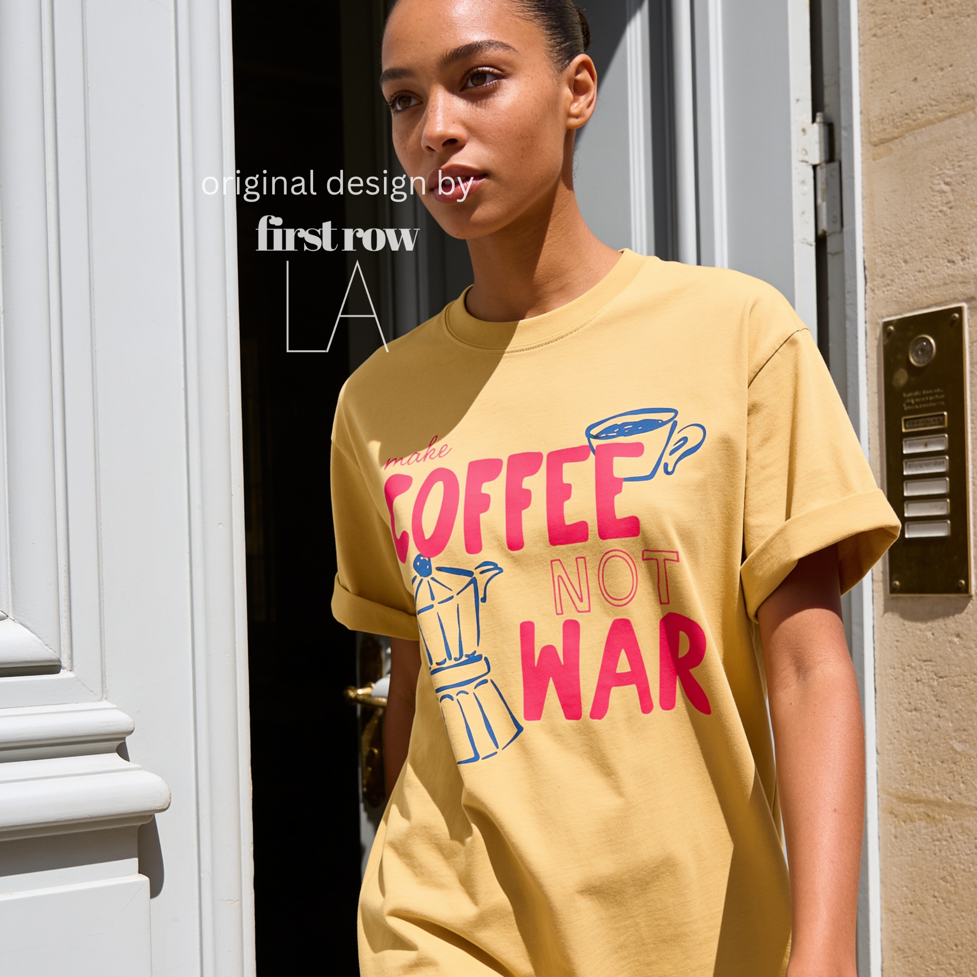 Woman wearing Make Coffee Not War TShirt, Peace Coffee Tee, Moka Pot Graphic Tee, Coffee Lover Shirt, Anti War Tee, Espresso T, Barista, Cute Coffee Shirt.

Original design and copyright by first row LA 2026.
