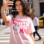 Woman wearing Make Coffee Not War TShirt, Peace Coffee Tee, Moka Pot Graphic Tee, Coffee Lover Shirt, Anti War Tee, Espresso T, Barista, Cute Coffee Shirt.

Original design and copyright by first row LA 2026.