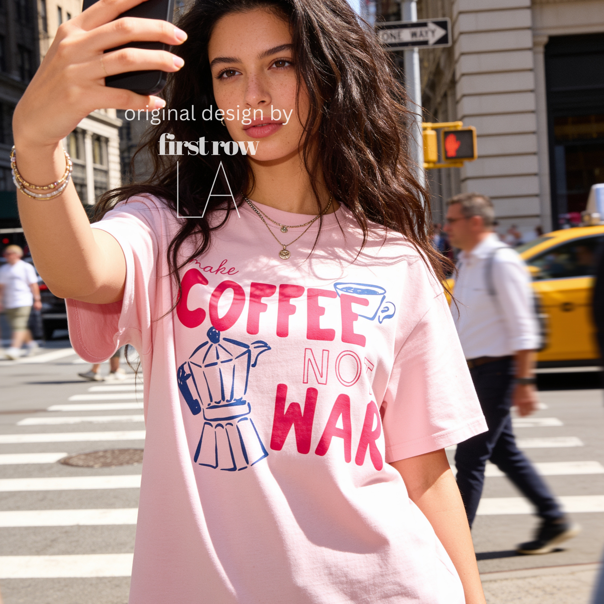 Woman wearing Make Coffee Not War TShirt, Peace Coffee Tee, Moka Pot Graphic Tee, Coffee Lover Shirt, Anti War Tee, Espresso T, Barista, Cute Coffee Shirt.

Original design and copyright by first row LA 2026.