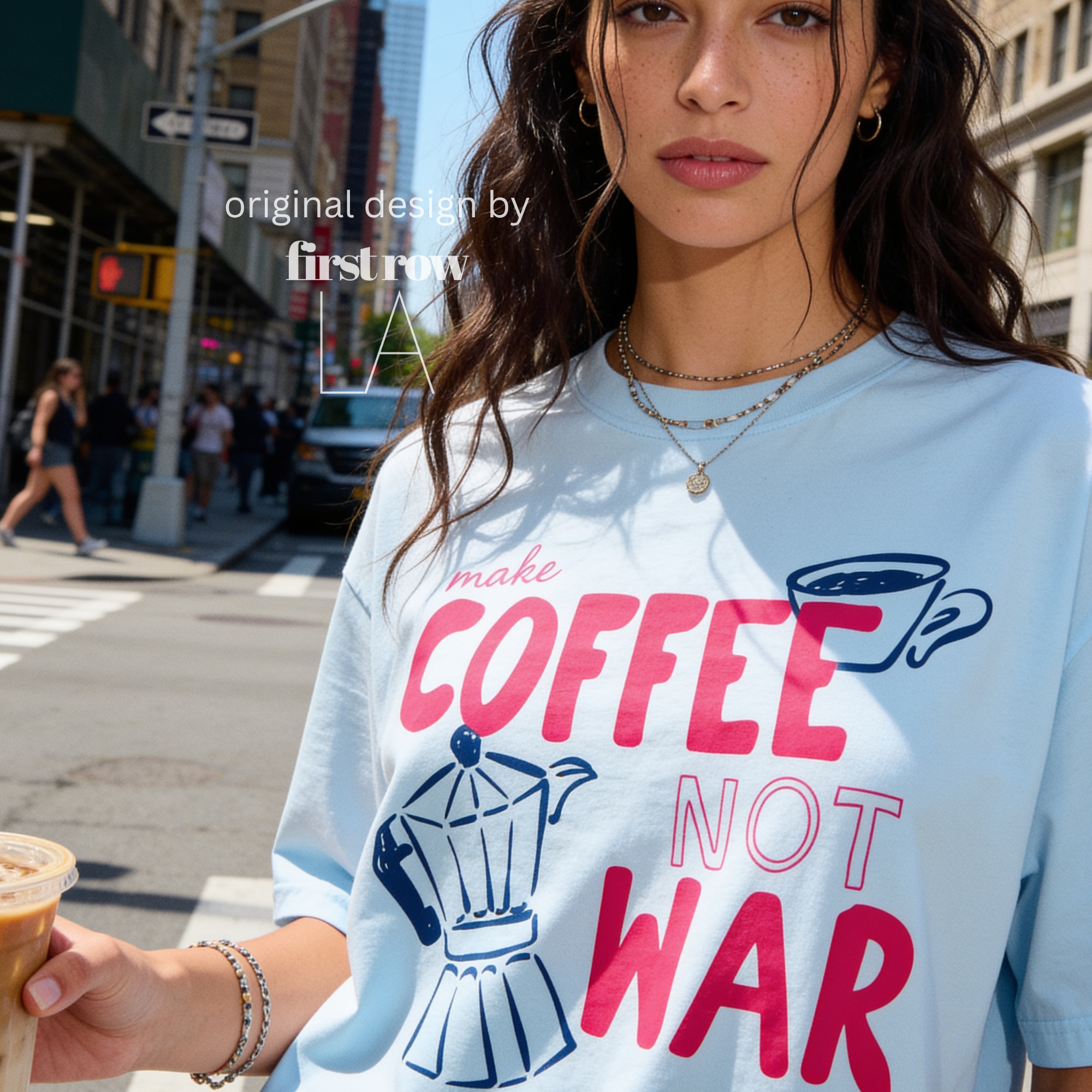 Woman wearing Make Coffee Not War TShirt, Peace Coffee Tee, Moka Pot Graphic Tee, Coffee Lover Shirt, Anti War Tee, Espresso T, Barista, Cute Coffee Shirt.

Original design and copyright by first row LA 2026.