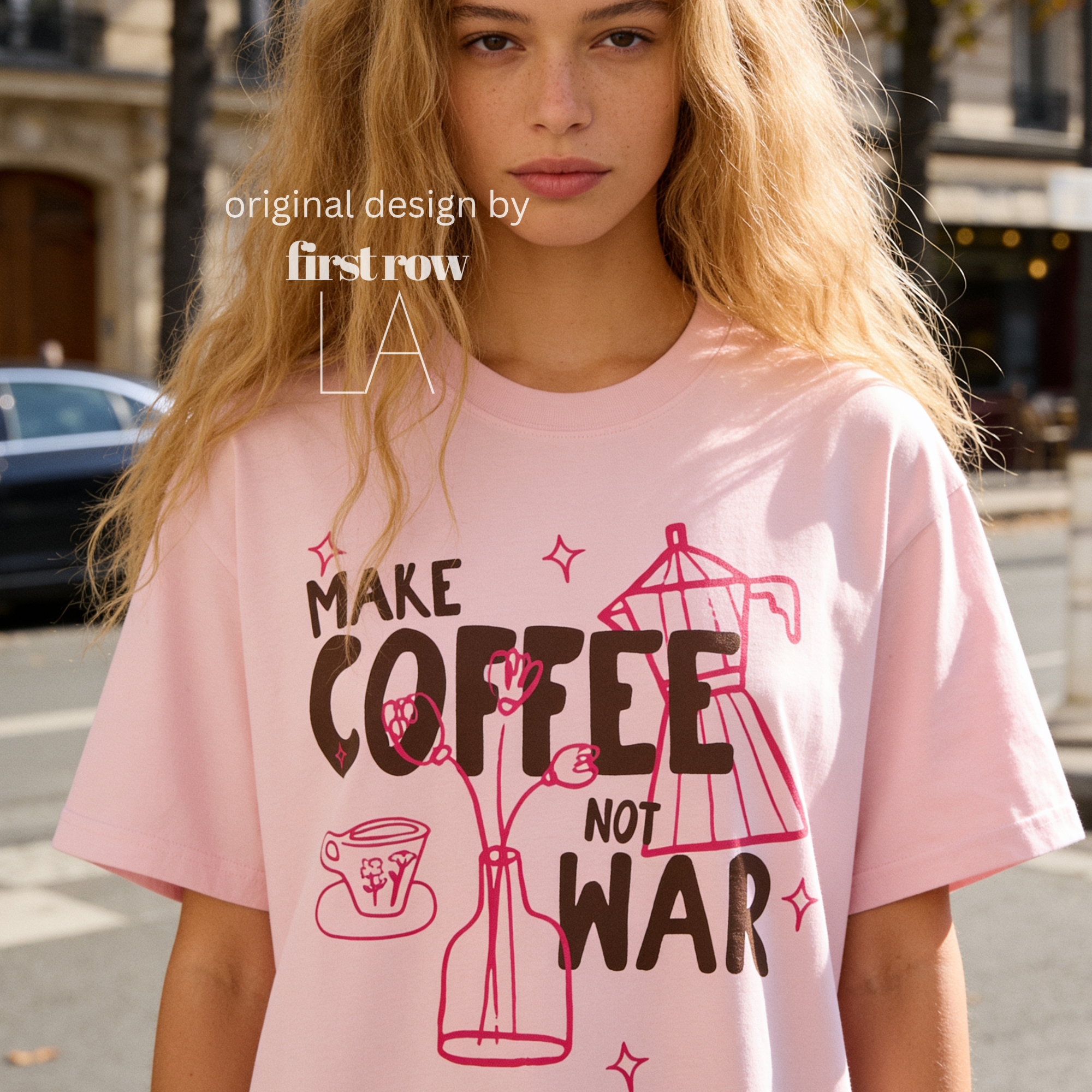 Woman wearing Make Coffee Not War T-Shirt, Peace Coffee Shirt, Moka Pot & Tulip Graphic Tee, Coffee Lover Shirt, Anti War Tee, Floral Shirt, Coffee Gift.

Original design and copyright by first row LA 2026.