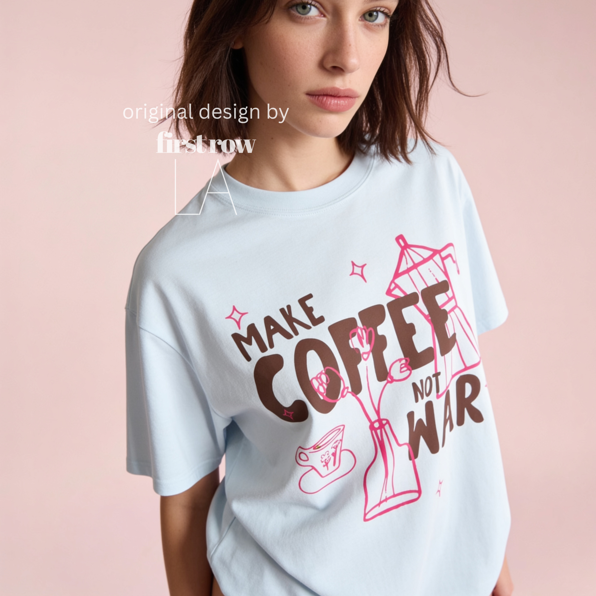 Woman wearing Make Coffee Not War T-Shirt, Peace Coffee Shirt, Moka Pot & Tulip Graphic Tee, Coffee Lover Shirt, Anti War Tee, Floral Shirt, Coffee Gift.

Original design and copyright by first row LA 2026.