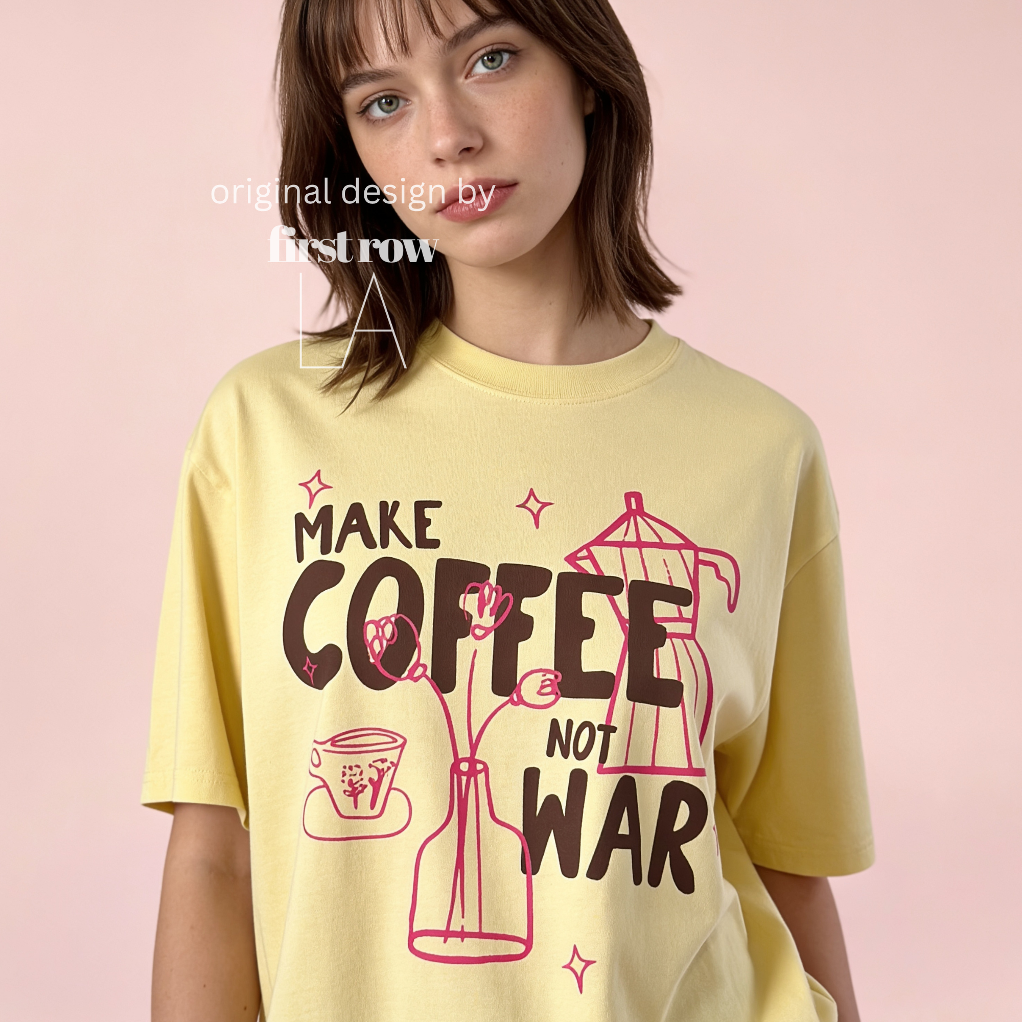 Woman wearing Make Coffee Not War T-Shirt, Peace Coffee Shirt, Moka Pot & Tulip Graphic Tee, Coffee Lover Shirt, Anti War Tee, Floral Shirt, Coffee Gift.

Original design and copyright by first row LA 2026.