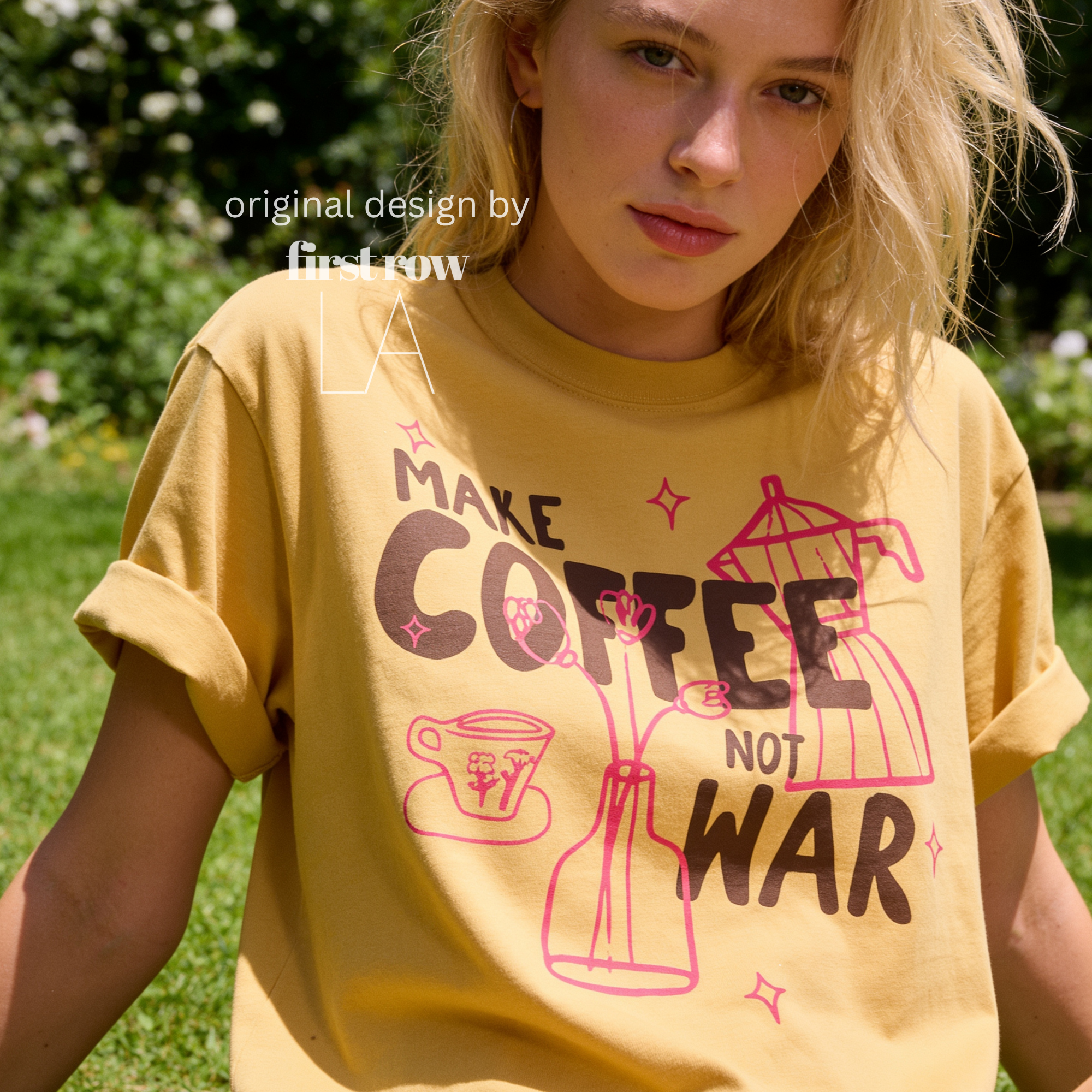 Woman wearing Make Coffee Not War T-Shirt, Peace Coffee Shirt, Moka Pot & Tulip Graphic Tee, Coffee Lover Shirt, Anti War Tee, Floral Shirt, Coffee Gift.

Original design and copyright by first row LA 2026.