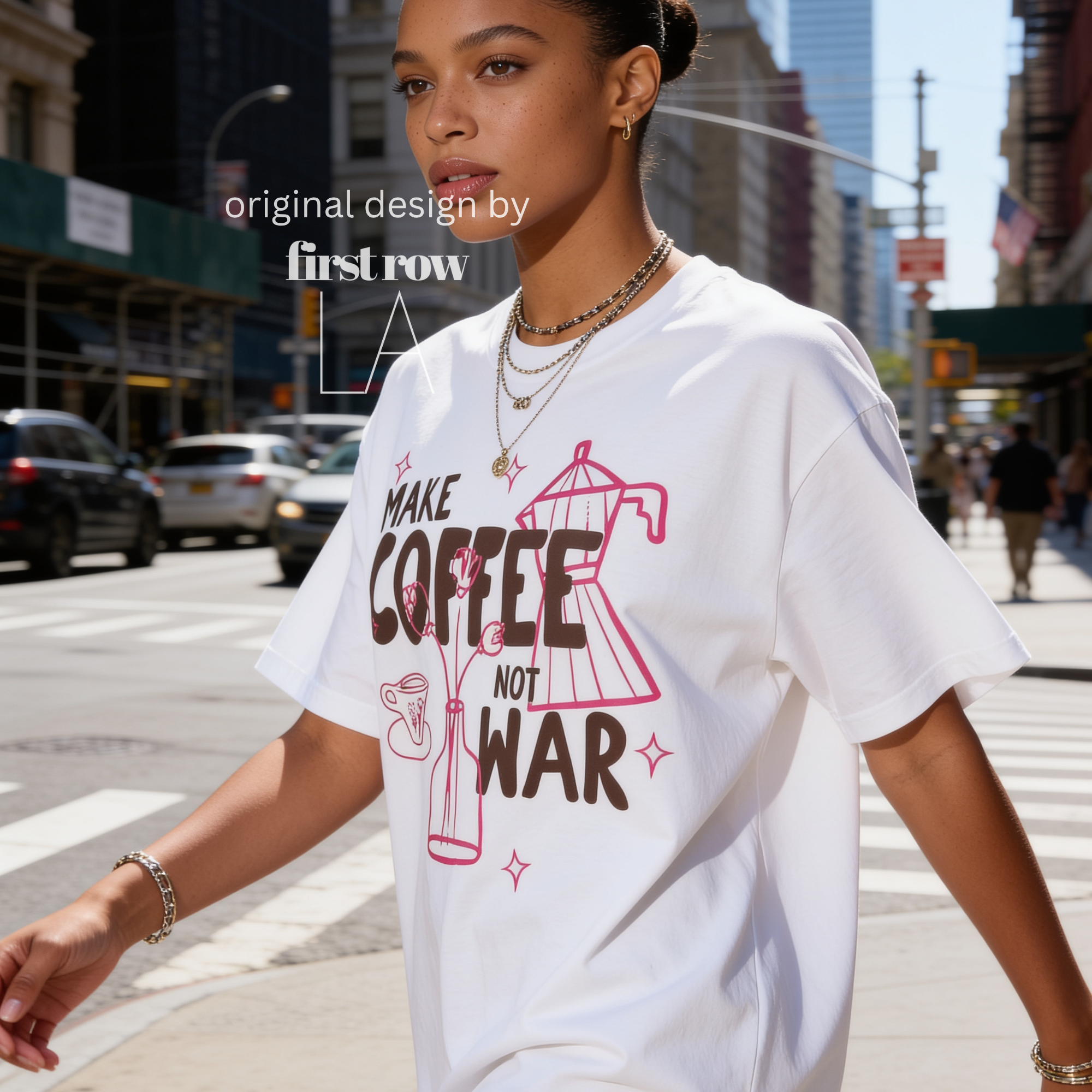 Woman wearing Make Coffee Not War T-Shirt, Peace Coffee Shirt, Moka Pot & Tulip Graphic Tee, Coffee Lover Shirt, Anti War Tee, Floral Shirt, Coffee Gift.

Original design and copyright by first row LA 2026.