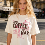 Woman wearing Make Coffee Not War T-Shirt, Peace Coffee Shirt, Moka Pot & Tulip Graphic Tee, Coffee Lover Shirt, Anti War Tee, Floral Shirt, Coffee Gift.

Original design and copyright by first row LA 2026.