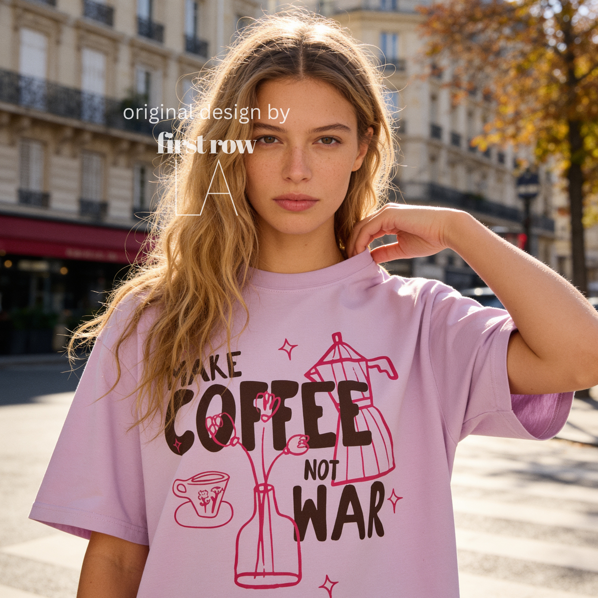 Woman wearing Make Coffee Not War T-Shirt, Peace Coffee Shirt, Moka Pot & Tulip Graphic Tee, Coffee Lover Shirt, Anti War Tee, Floral Shirt, Coffee Gift.

Original design and copyright by first row LA 2026.