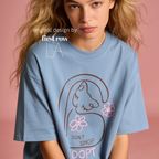 A woman wearing a graphic T-shirt with a cat illustration and the words 'DON'T SHOP ADOPT'.

Original design and copyright by first row LA 2021.